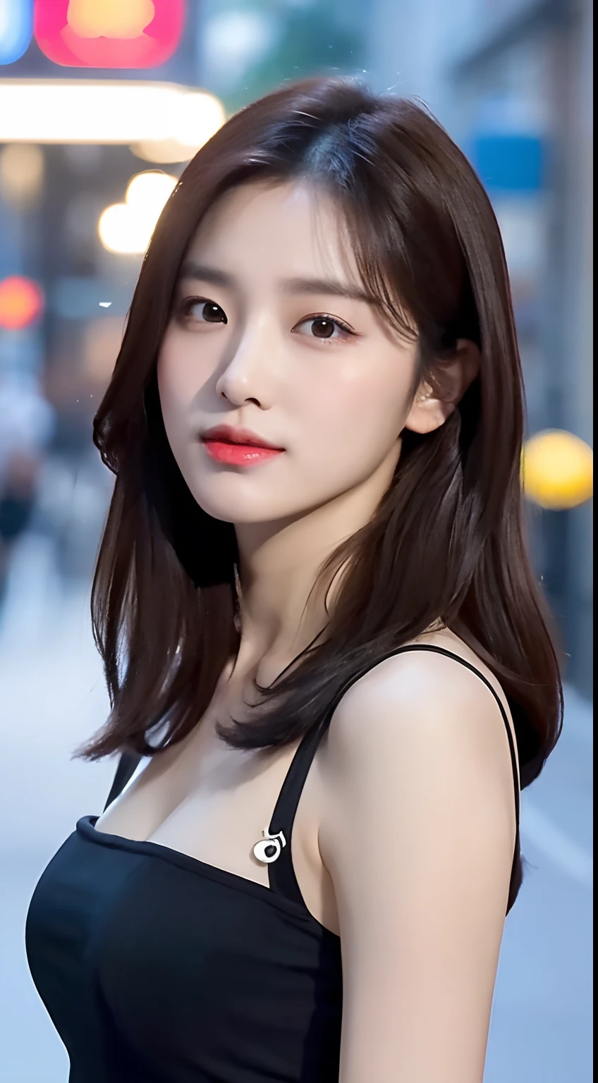 (1 Korean star with royal sister style), ((best quality, 8k, masterpiece: 1.3)), focus: 1.2, perfect body beauty: 1.4 , (funny expression), (night street: 1.3), highly detailed face and skin texture, fine eyes, double eyelids, whitened skin, (air bangs: 1.3), (round face: 1.5), (thin strap top: 1.4),