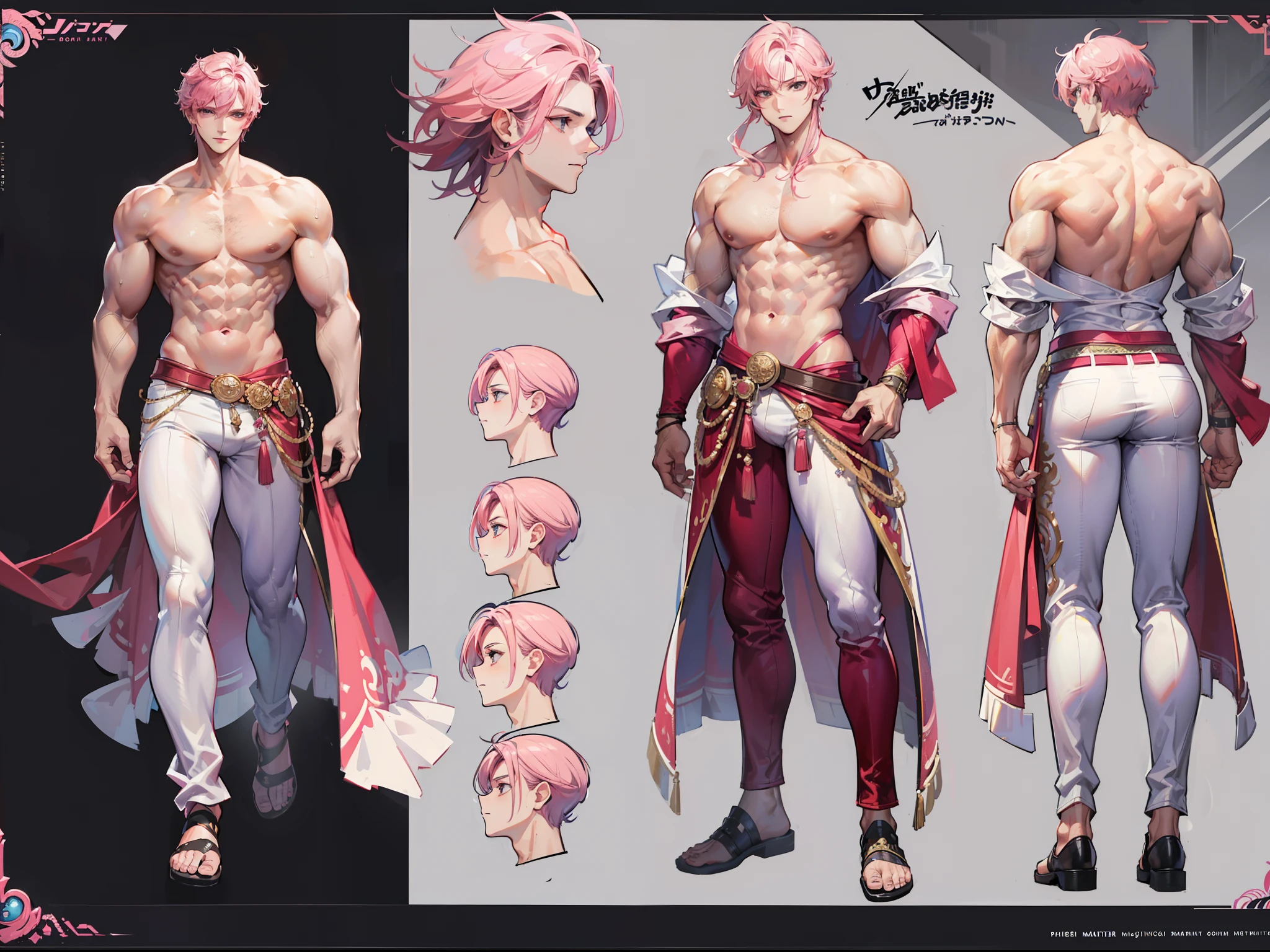 ((Masterpiece, Highest quality)), Detailed face, character design sheet, full bodyesbian, Full of details, frontal body view, back body view, Highly detailed, Depth, Many parts, Muscle boy with pink hair,handsome man, navy, commander, man tall
