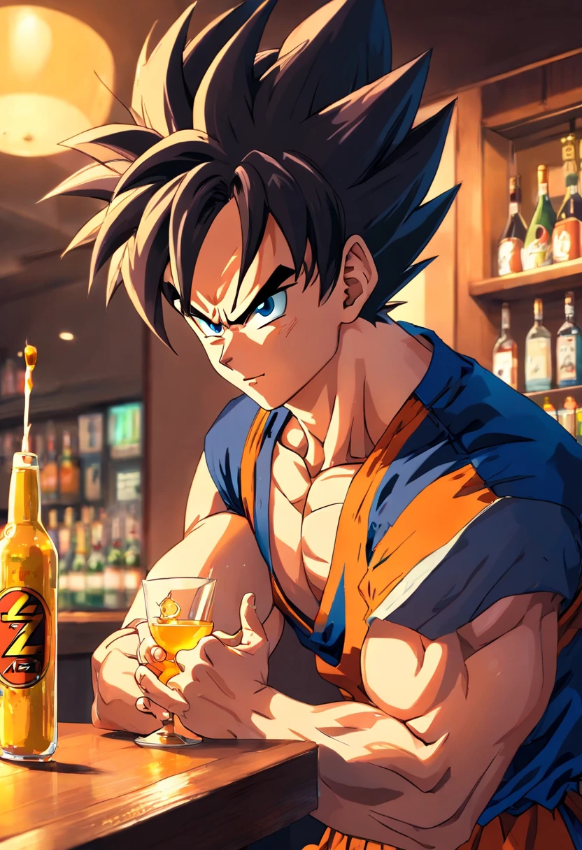 Vegeta, (((Masculino))), (((Dragon Ball Z))), tomando um drink em um bar, detalhes perfeitos, perfect hands, expression serious, olhos perfeitos, roupa estilo esporte fino, terno, Dress pants, incredible shadows, barman ao fundo, bebidas brilhantes e fluidas,