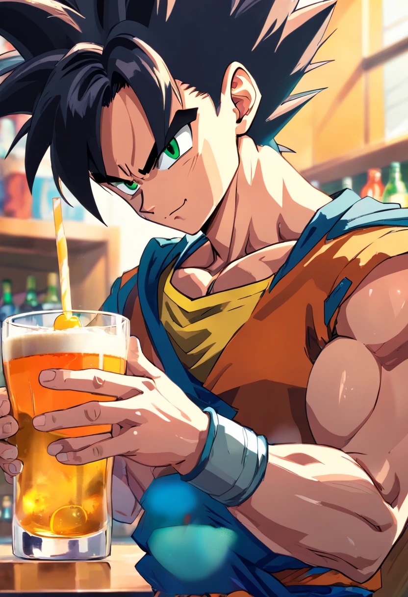 Vegeta, (((Masculino))), (((Dragon Ball Z))), tomando um drink em um bar, detalhes perfeitos, perfect hands, expression serious, olhos perfeitos, roupa estilo esporte fino, terno, Dress pants, incredible shadows, barman ao fundo, bebidas brilhantes e fluidas,