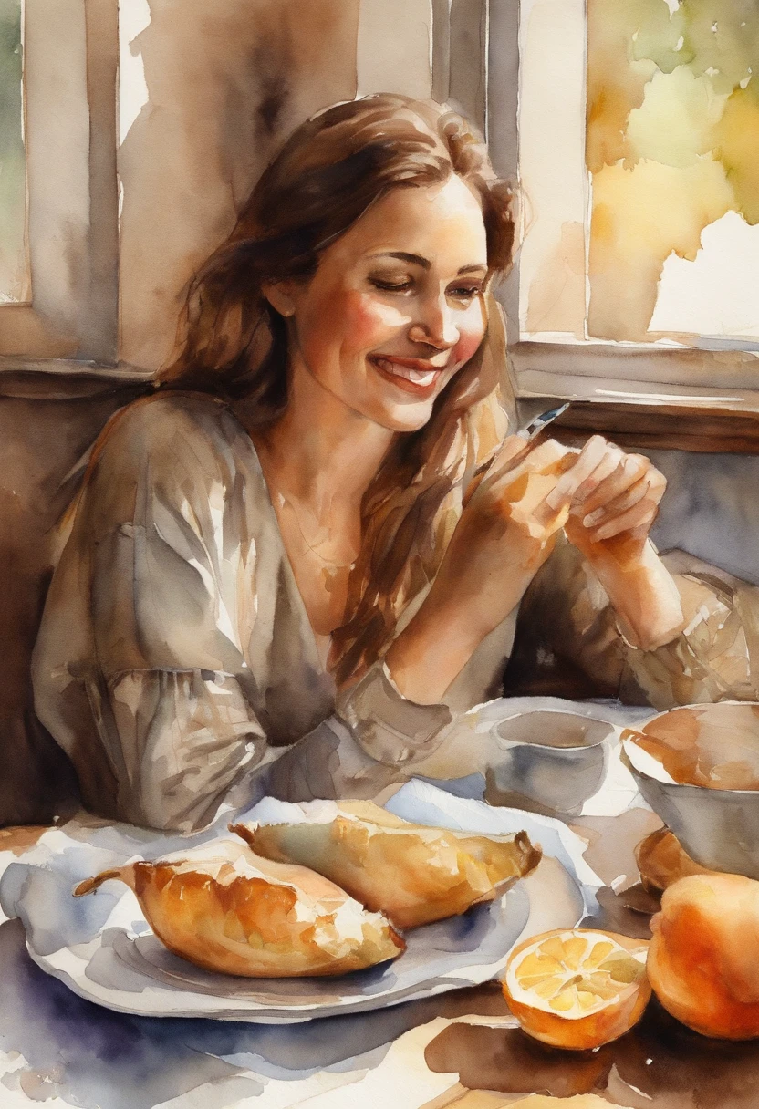 foreshortening, Depth of field, Masterpiece, Best quality, 1girll, Brown hair, Brown eyes, Dappled sunlight, office，eating breakfast，kawa