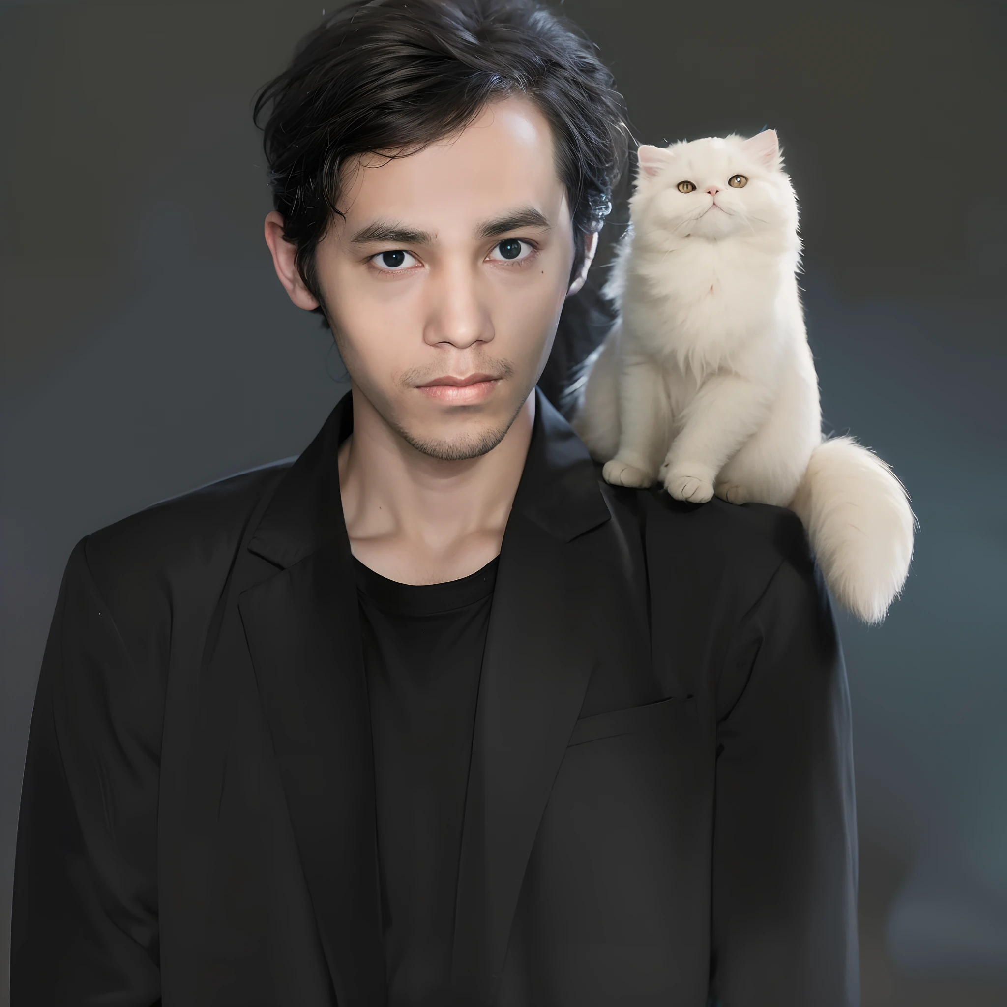 High quality image, masterpiece, detailed hair texture, detailed skin texture, detailed cloth texture, 8k, portrait of a aboy, wearing blazer, with a cat on his shoulder