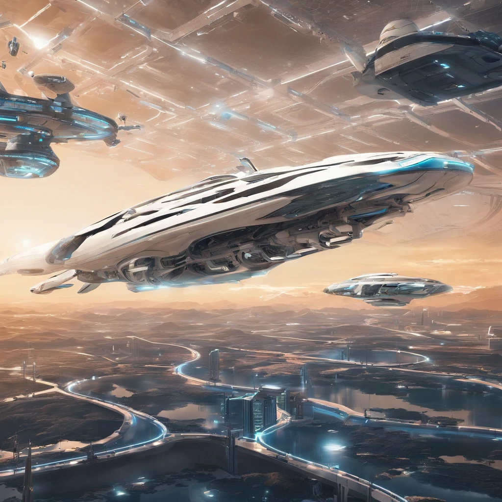 vista de longe ((Apenas uma, unique)) uma nave espacial, Helicopter style without aeres, de lucho, futurista, ((500 metros de comprimento)) ((5 metros, LARGURA)) ((uma aza na direita, uma aza na esquerda))blindagem, futurista, ouro, Branco, metal, Plano. Guerra Futurista, Flying through space ((sem corte)) (8k realista)