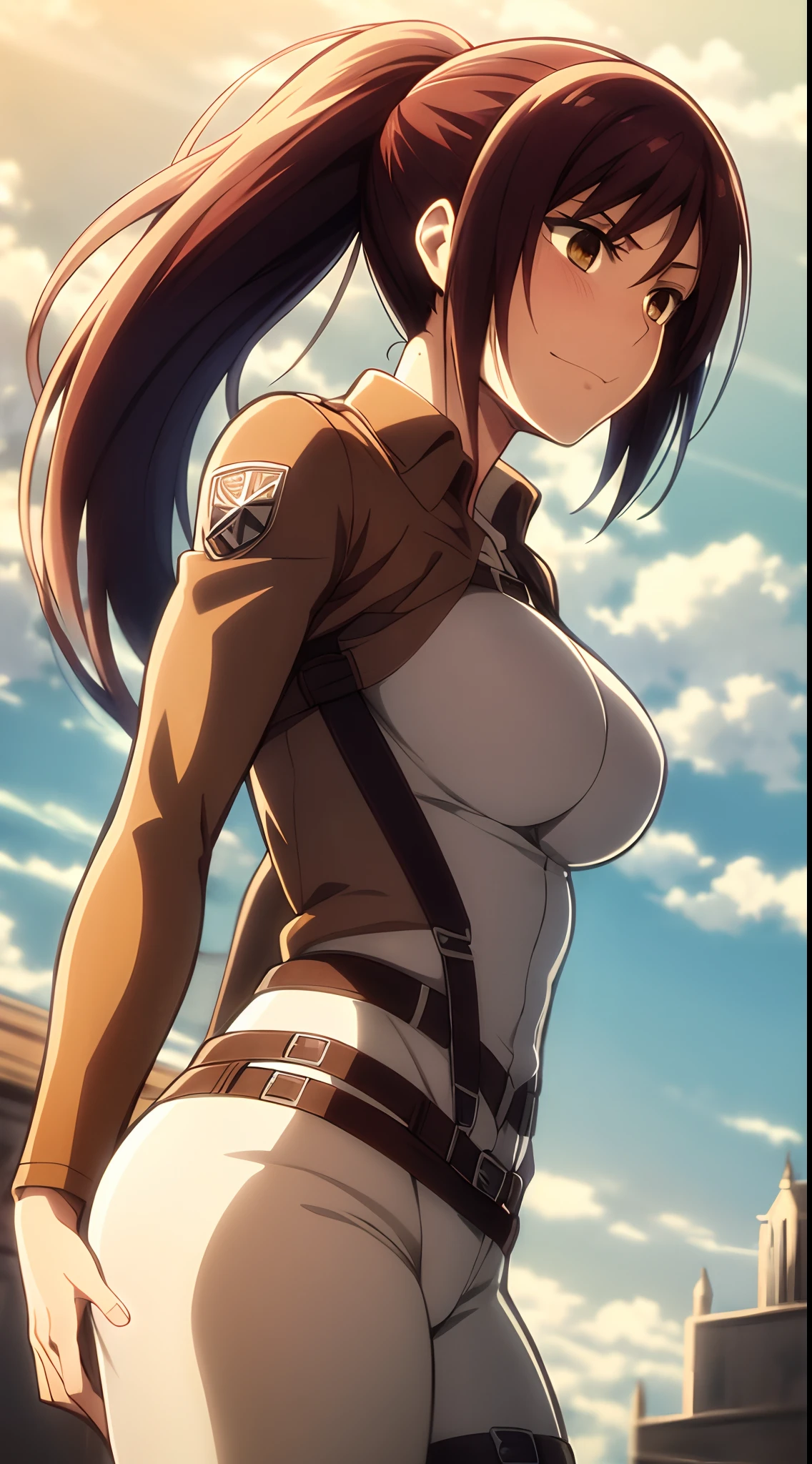 1girl, solo, short hair, bangs, shirt, black hair, hair between eyes, brown eyes, closed mouth, jacket, white shirt, upper body, , scarf, open jacket, lips, wind, red scarf, brown jacket, nose, emblem, paradis military uniform, survey corps (emblem), mikasa ackerman, room, upper body, navel, abs, shirt lift, breasts, holding breasts, hand on breasts, hands on own breasts, bouncing breasts, nipples. looking down, blush, side, on side, grey eyes
