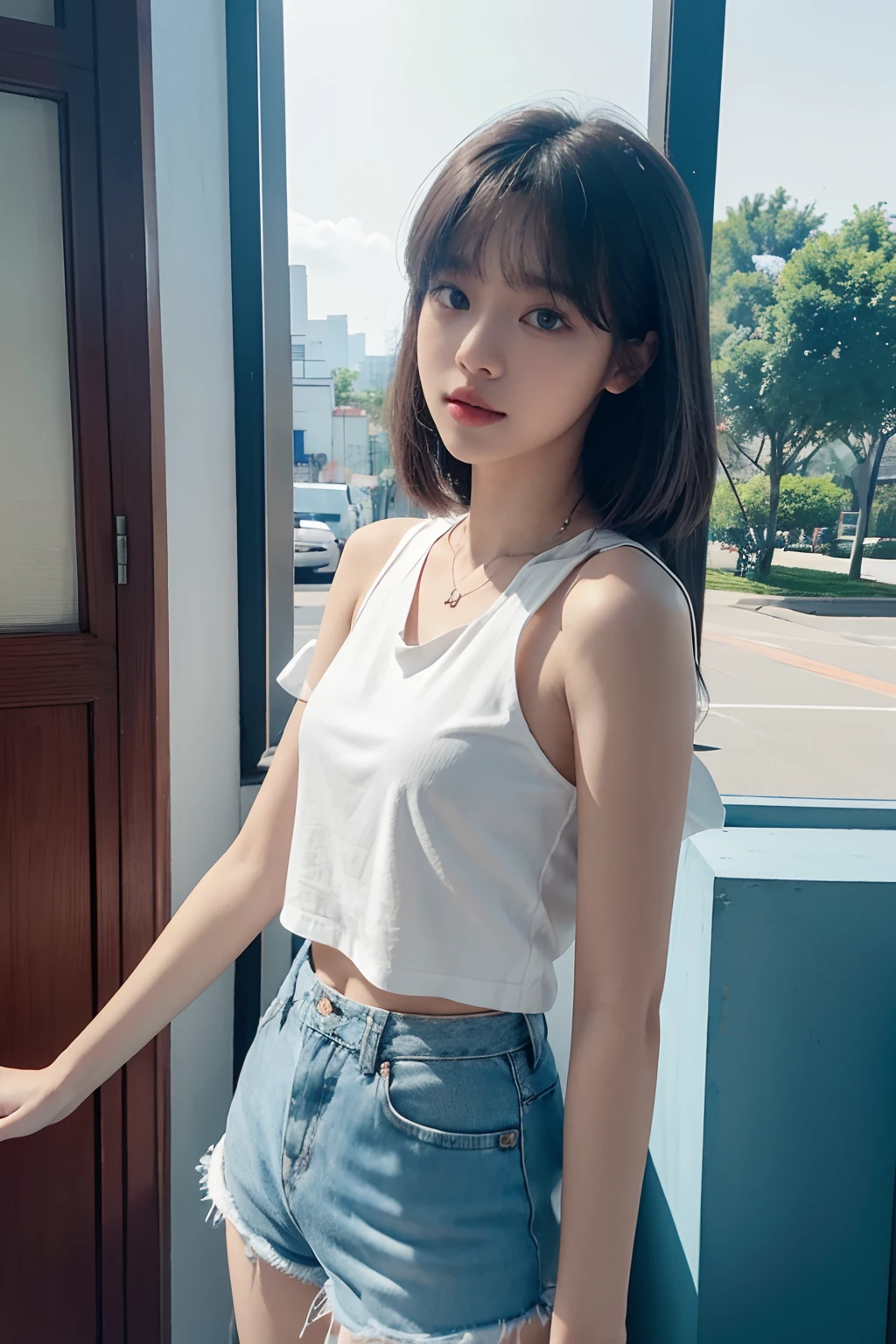a woman in a white top and blue shorts posing for a picture, lalisa manobal, lalisa manoban of blackpink, sun yunjoo, roseanne park of blackpink, jossi of blackpink, kda, jaeyeon nam, with bangs, taejune kim, portrait of jossi of blackpink, ulzzang, heonhwa choe