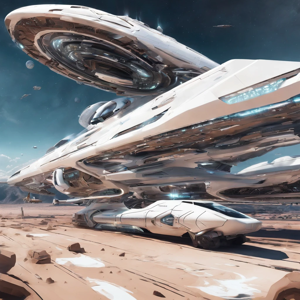 vista de longe ((Apenas uma, unique)) uma nave espacial, Helicopter style without aeres, de lucho, futurista, ((500 metros de comprimento)) ((5 metros, LARGURA)) ((uma aza na direita, uma aza na esquerda))blindagem, futurista, ouro, Branco, metal, Plano. Guerra Futurista, Flying through space ((sem corte)) (8k realista)
