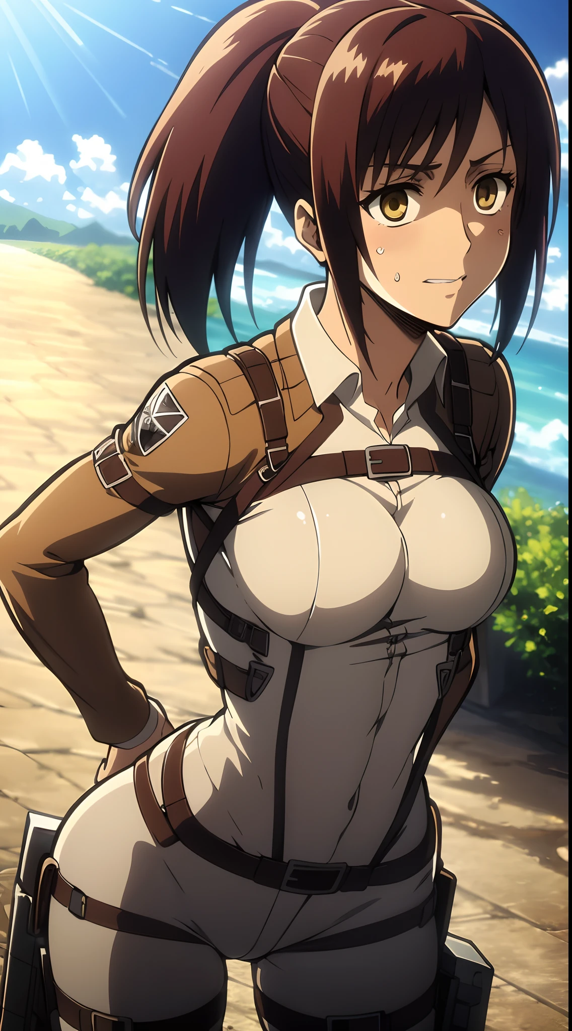 SFW, (attack on titan cosplay), shirt, yellow shirt, pants, white pants, tight straps, body straps, tight clothes, smirk, smirk smile, pink lips, long eyelashes, ultra detailed eyelashes, bushy eyelashes, tied hair, strong collors, front view, on a medieval city, adult body, adult face, sasha_braus, long hair, reddish brown hair, (light brown eyes), ponytail, long hair, breasts, harness, (((solo))), (((1girl))), slim figure, medium breasts, soft skin, horny, masterpiece, best quality, high definition, harness, ((masterpiece)), best quality, fair skin, notably long eyelashes, cute face, blushing, (realistic eyes), perfect face, high quality face, mature face, tall girl, perfect shadows, perfect light