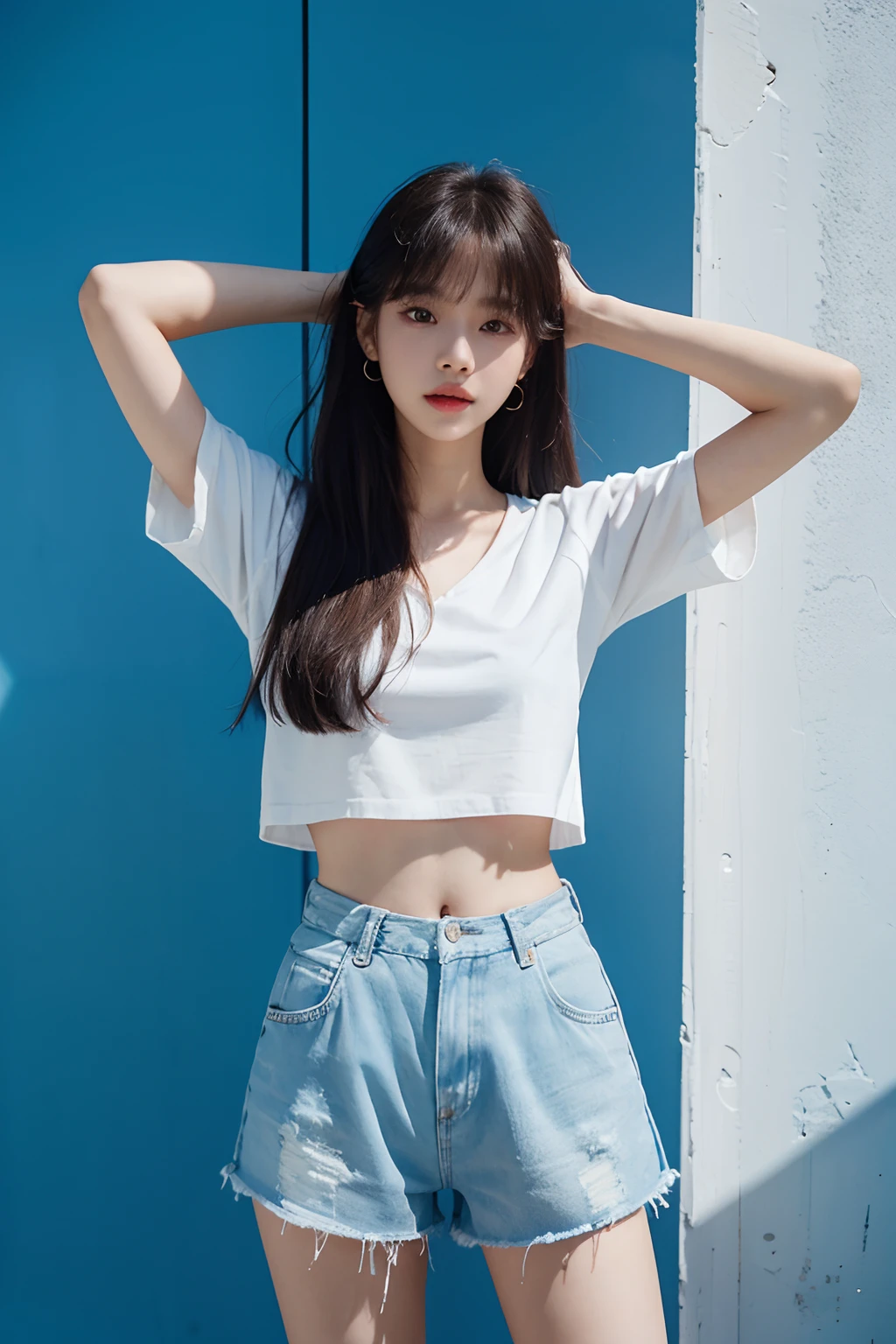 a woman in a white top and blue shorts posing for a picture, lalisa manobal, lalisa manoban of blackpink, sun yunjoo, roseanne park of blackpink, jossi of blackpink, kda, jaeyeon nam, with bangs, taejune kim, portrait of jossi of blackpink, ulzzang, heonhwa choe