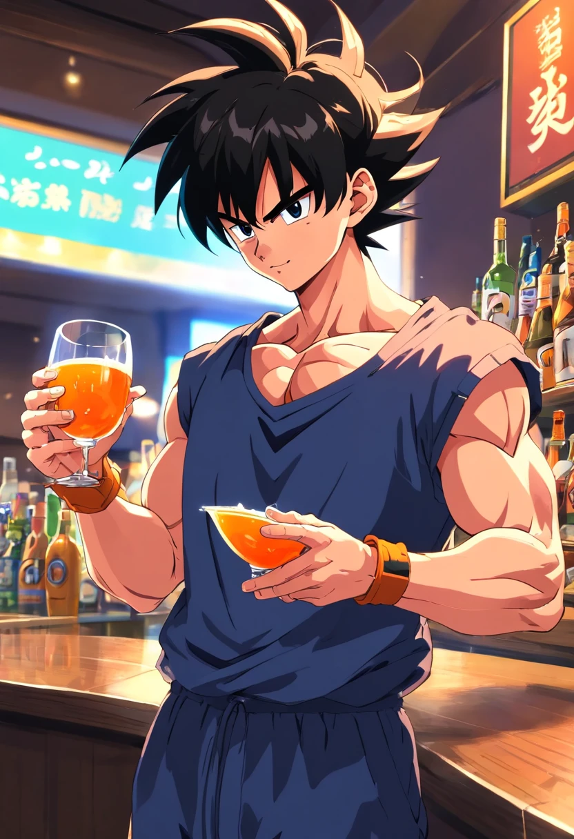 Goku, (((masculino))), (((Dragon ball z))), tomando um drink em um bar, detalhes perfeitos, perfect hands, expression serious, olhos perfeitos, roupa estilo esporte fino, Tern, Dress pants, incredible shadows, barman ao fundo, bebidas brilhantes e fluidas,