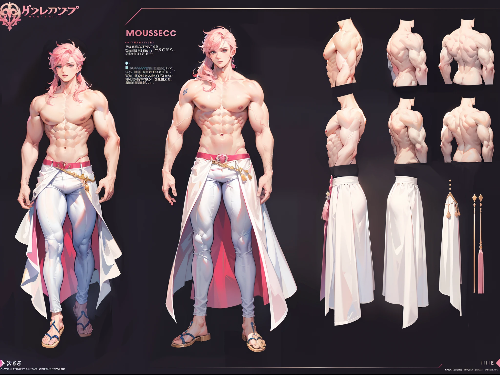 ((Masterpiece, Highest quality)), Detailed face, character design sheet, full bodyesbian, Full of details, frontal body view, back body view, Highly detailed, Depth, Many parts, Muscle boy with pink hair,handsome man, muscle body, white outfit male gods, man tall