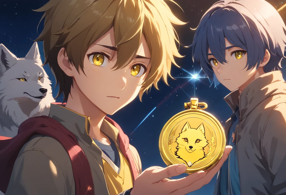 Boy holding a locket,cabelo do menino e preto, In this medallion there is a symbol of a wolf,of a highlight in this medallion, the boy's eyes are yellow, foto frontal, rosto perfeito, Boy holding a locket, In this medallion there is a symbol of a wolf, the boy's eyes are yellow, foto frontal, rosto perfeito, olhos perfeitos, Olhos 4k perfeitos, 4k