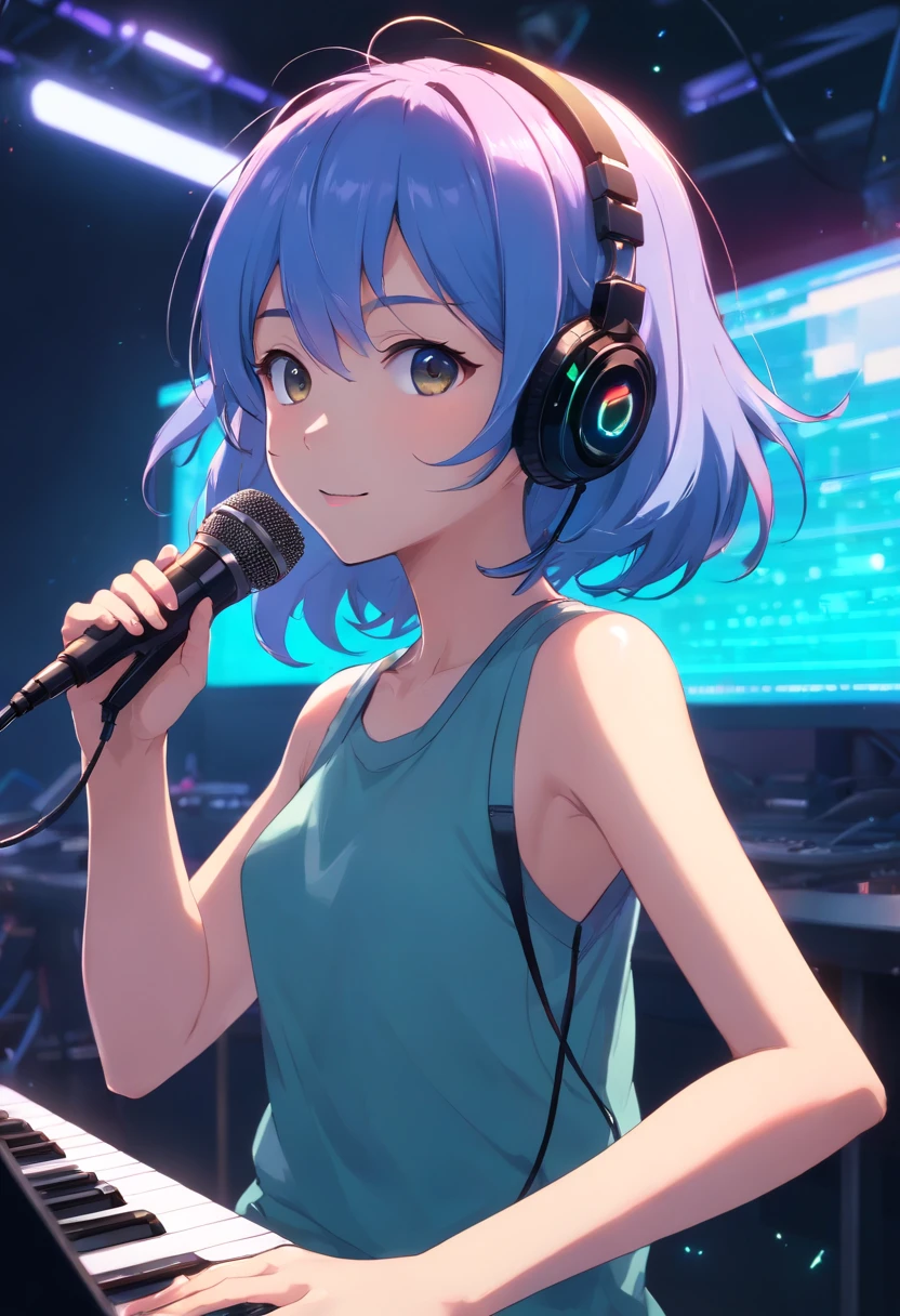(​masterpiece、top-quality、8K )、Bird View、Overhead view camera work、Anime slender with colorful hair and headphones sitting at inorganic table on laptop, creature, Beauty, Retro Modern, lock, urgent, Perfect, epicd,Music Studio, Best Shadows, Shallow depth of field, (of the highest quality, Amazing details: 1,4),  Fancy, Glare, Neon Garland,intricate detailes,ultra-detailliert、one girls、Grinning 、(Live Stage:1.3),(Recording Microphone、Condenser microphone、Mixing Machine、Sampling Machine、Rhythm Box、mixer,synthesizer、Monitors:1.2),recording studio、Spotlight from behind、Hyper realistic,Perfect Anatomy、lightblue hair