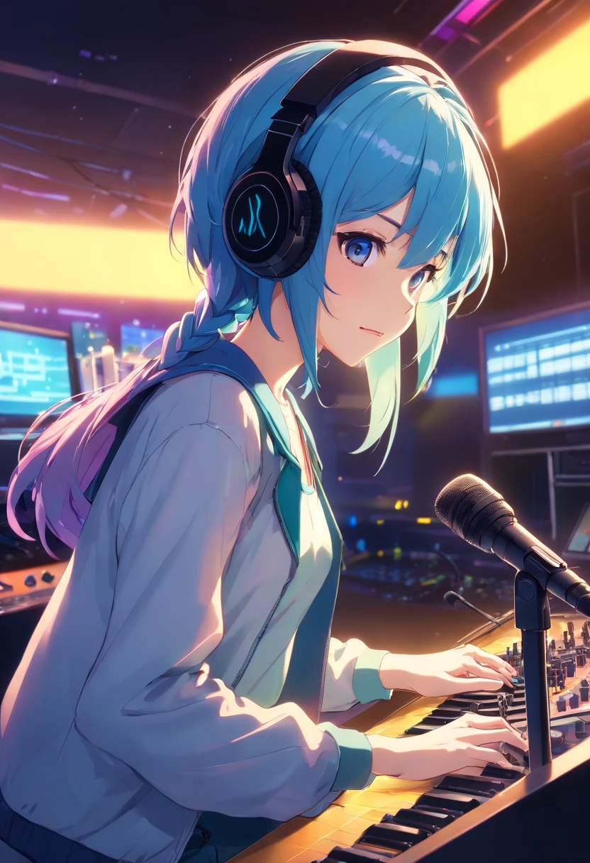 (masterpiece、top-quality、8K )、Bird View、Overhead view camera work、Anime slender with colorful hair and headphones sitting at inorganic table on laptop, creature, Beauty, Retro Modern, lock, urgent, Perfect, epicd,Music Studio, Best Shadows, Shallow depth of field, (of the highest quality, Amazing details: 1,4), Fancy, Glare, Neon Garland,intricate detailes,ultra-detailliert、one girls、Grinning 、(Live Stage:1.3),(Recording Microphone、Condenser microphone、Mixing Machine、Sampling Machine、Rhythm Box、mixer,synthesizer、Monitors:1.2),recording studio、Spotlight from behind、Hyper realistic,Perfect ???????、lightblue hair
