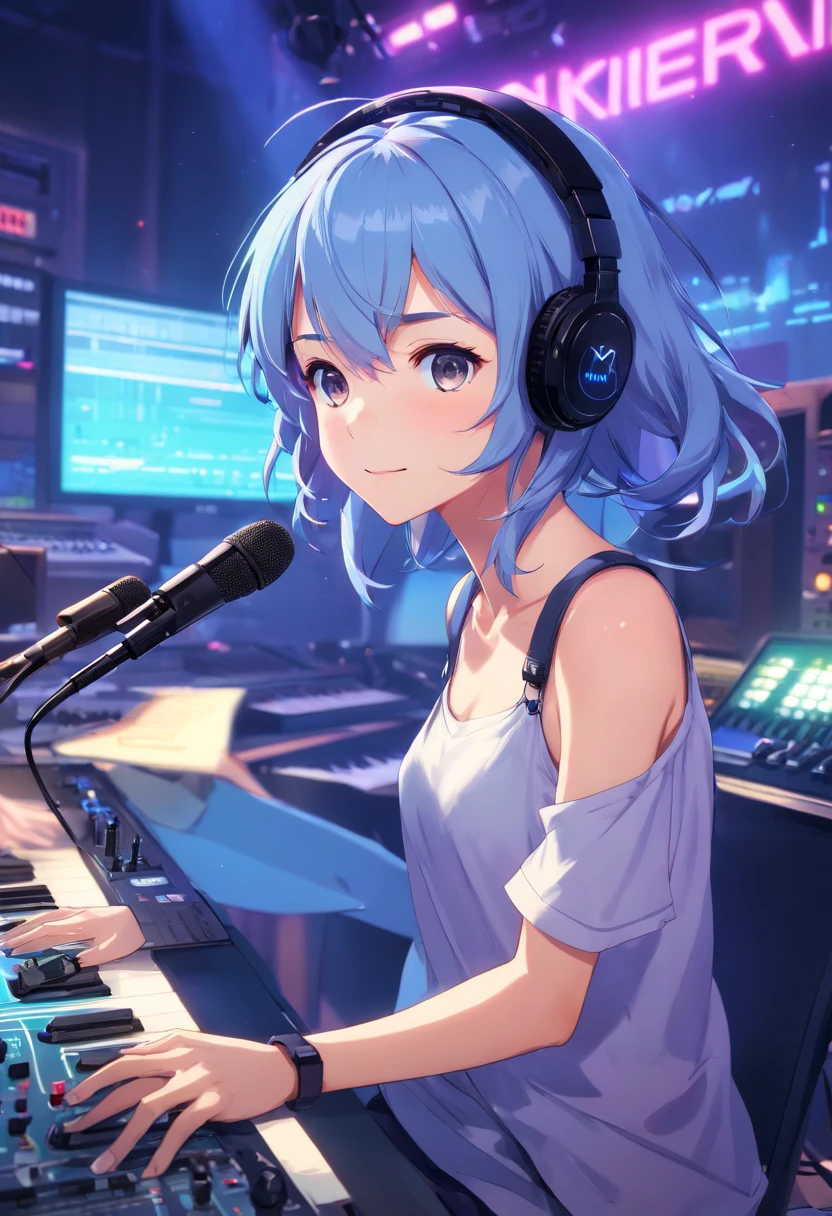 (​masterpiece、top-quality、8K )、Bird View、Overhead view camera work、Anime slender with colorful hair and headphones sitting at inorganic table on laptop, creature, Beauty, Retro Modern, lock, urgent, Perfect, epicd,Music Studio, Best Shadows, Shallow depth of field, (of the highest quality, Amazing details: 1,4),  Fancy, Glare, Neon Garland,intricate detailes,ultra-detailliert、one girls、Grinning 、(Live Stage:1.3),(Recording Microphone、Condenser microphone、Mixing Machine、Sampling Machine、Rhythm Box、mixer,synthesizer、Monitors:1.2),recording studio、Spotlight from behind、Hyper realistic,Perfect Anatomy、lightblue hair