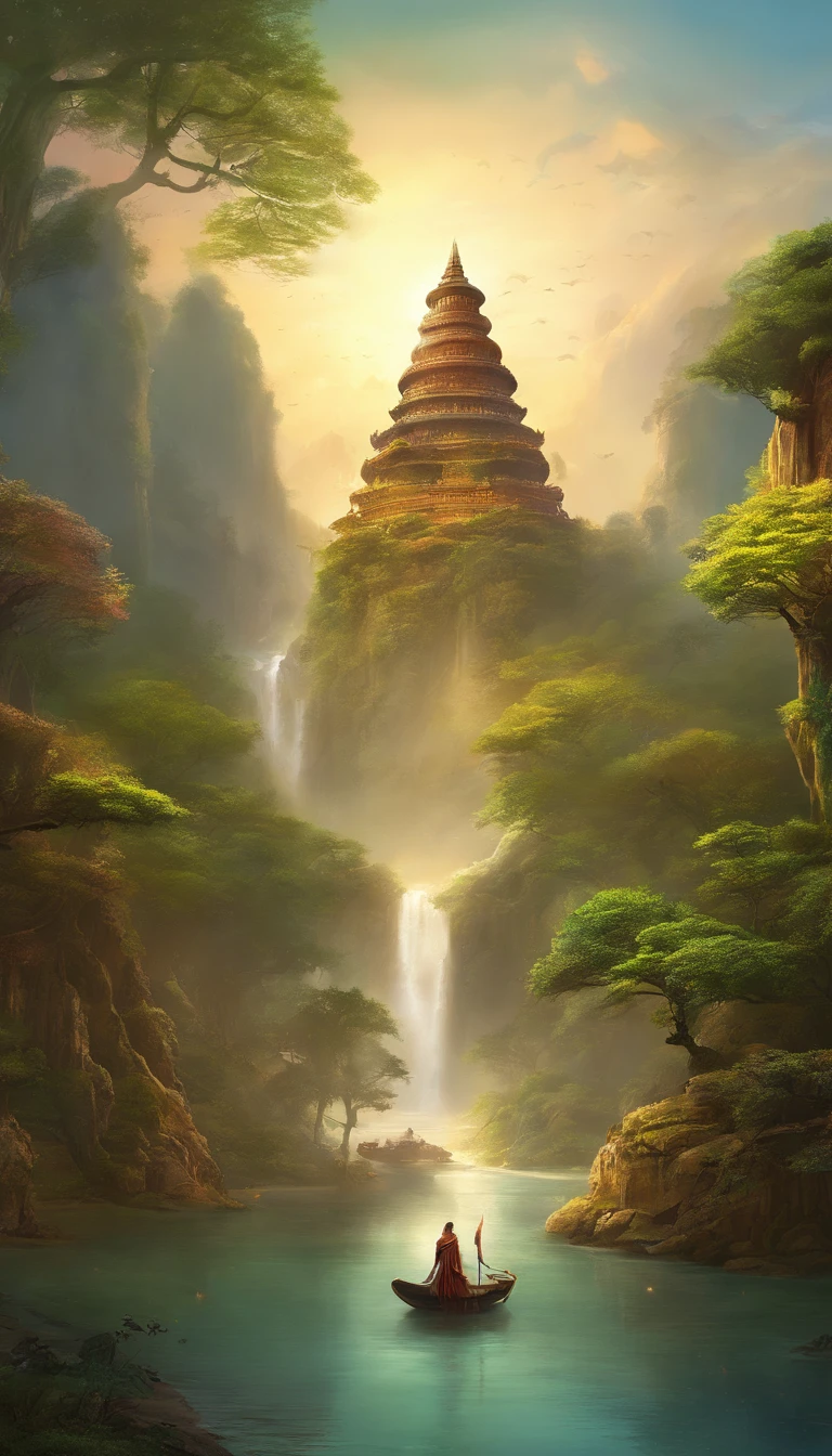 A giant, Realistic depiction of Leshan Buddha, Blend seamlessly with nature, surrealism, Ultra-detailed, Photorealistic:1.37, 3D rendering, Cinematic lighting, Divine light, Ultra-high definition, Masterpiece:1.2, Textured skin, Best quality, high resolution