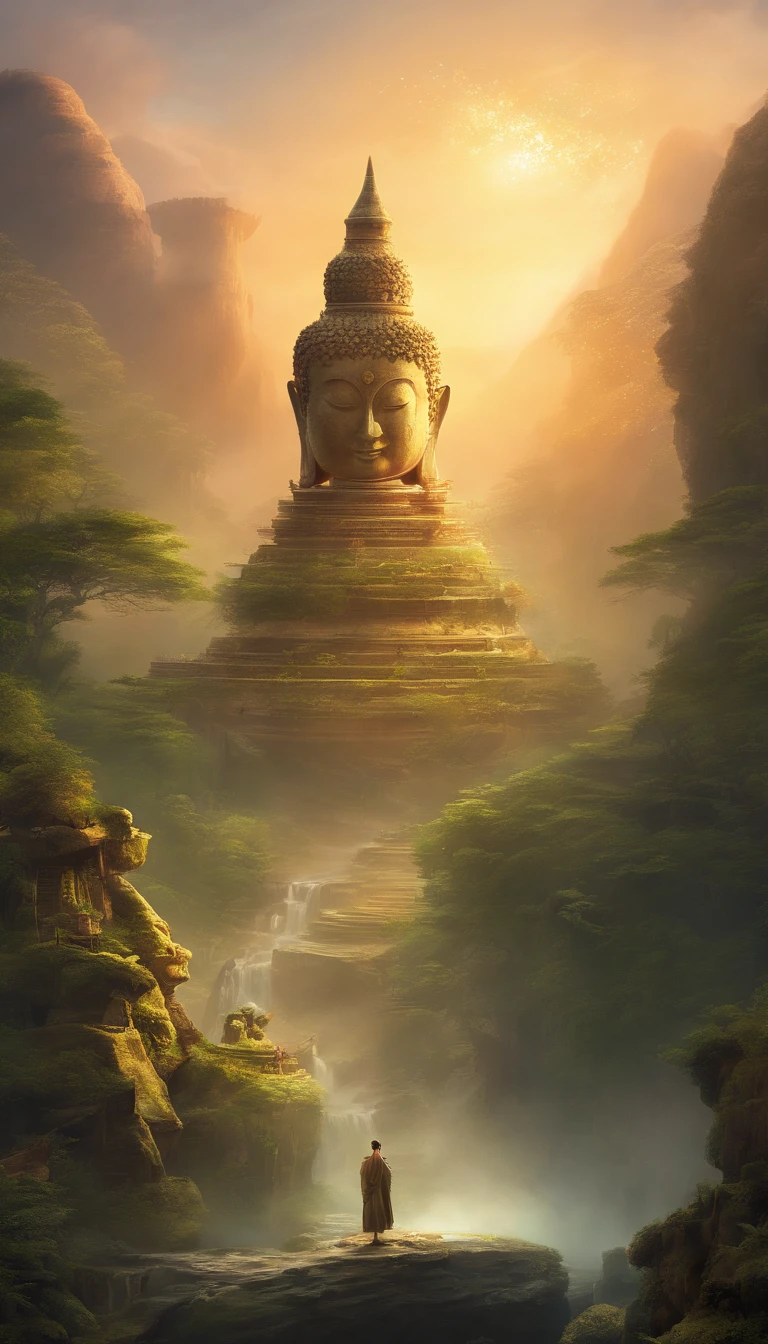 A giant, Realistic depiction of Leshan Buddha, Blend seamlessly with nature, surrealism, Ultra-detailed, Photorealistic:1.37, 3D rendering, Cinematic lighting, Divine light, Ultra-high definition, Masterpiece:1.2, Textured skin, Best quality, high resolution