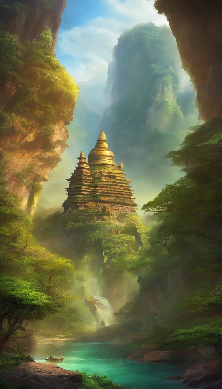 A giant, Realistic depiction of Leshan Buddha, Blend seamlessly with nature, surrealism, Ultra-detailed, Photorealistic:1.37, 3D rendering, Cinematic lighting, Divine light, Ultra-high definition, Masterpiece:1.2, Textured skin, Best quality, high resolution