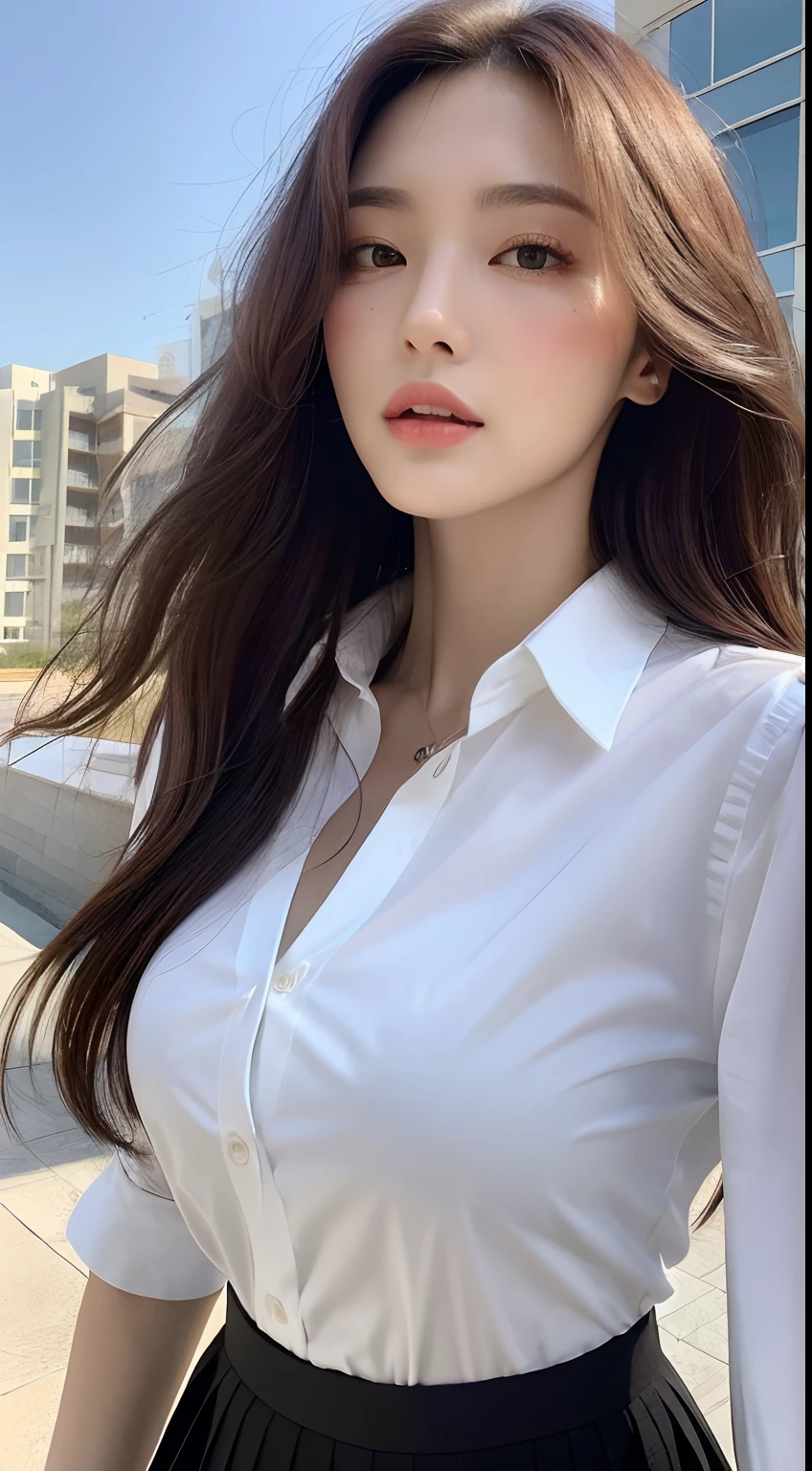(Best quality, High resolution, Masterpiece :1.3), A tall and pretty woman, Slender abs, Dark brown hair styled in loose waves, Breasts, White button up shirt, Black pleated skirt, (Modern architecture in background), Details exquisitely rendered in the face and skin texture, Detailed eyes, Double eyelid