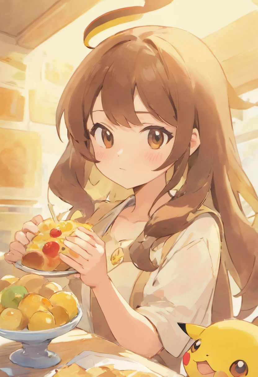 Watercolor texture style,Popmart blind box,claymaterial,Bright background,arte 3D,depth of fields,by Pixar,hyper realisitc,Ray traching,Complicated details,animation lighting,foreshortening, Depth of field, Masterpiece, Best quality, 1girll, Brown hair, Brown eyes, Dappled sunlight, office,eating breakfast