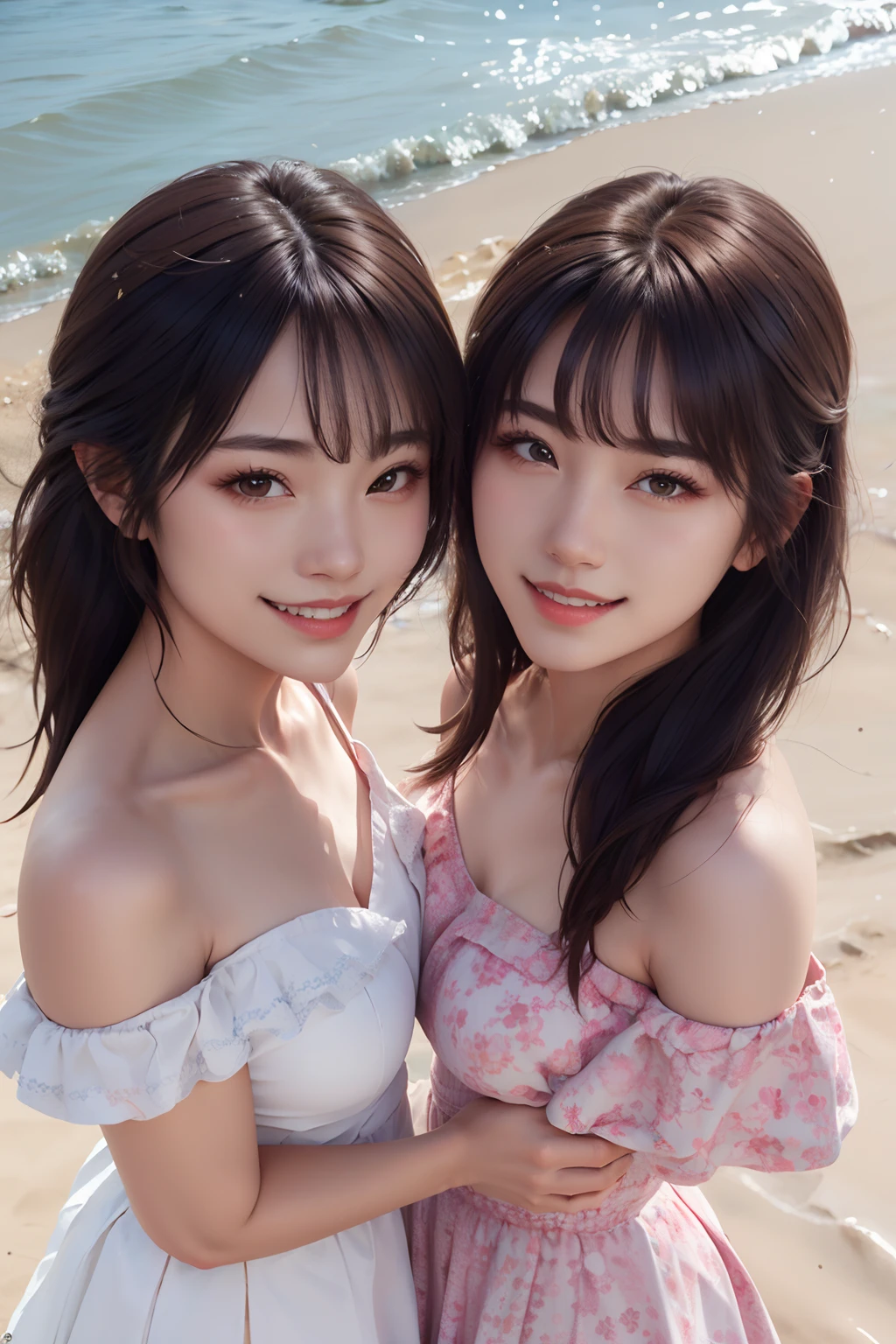 ((masterpiece: 1.4, best quality))+,(ultra detail)+, official art, unity 8k wallpaper, ultra detail, beautiful, high quality, Highlight your cute face,  masterpiece, best quality, layered medium length hair, Bangs up to the eyebrows, (((in Hawaii beach:1.3))), (all nude:1.5)), High exposure,  skinny body,masterpiece, high quality, 8 thousand, beautiful spotlight, no. no. no. no. No. 1 girl group idol in Korea, ((vivid:1.5)), ((brown eyes, blonde hair:1.3)), (작고 완벽하게 beautiful 둥근 가슴:1.5), ((colorful earrings, white neck choker)), 18 years old, small face, looking at viewer, (hairpin with larger ribbon:1.4),(skinny abs:1.4), (They look at each other and look very happy :1.5), ((Both cheeks turn red)), Accurately distinguishes between the bodies and limbs of two people.:1.5, (pubic hair:1.5)