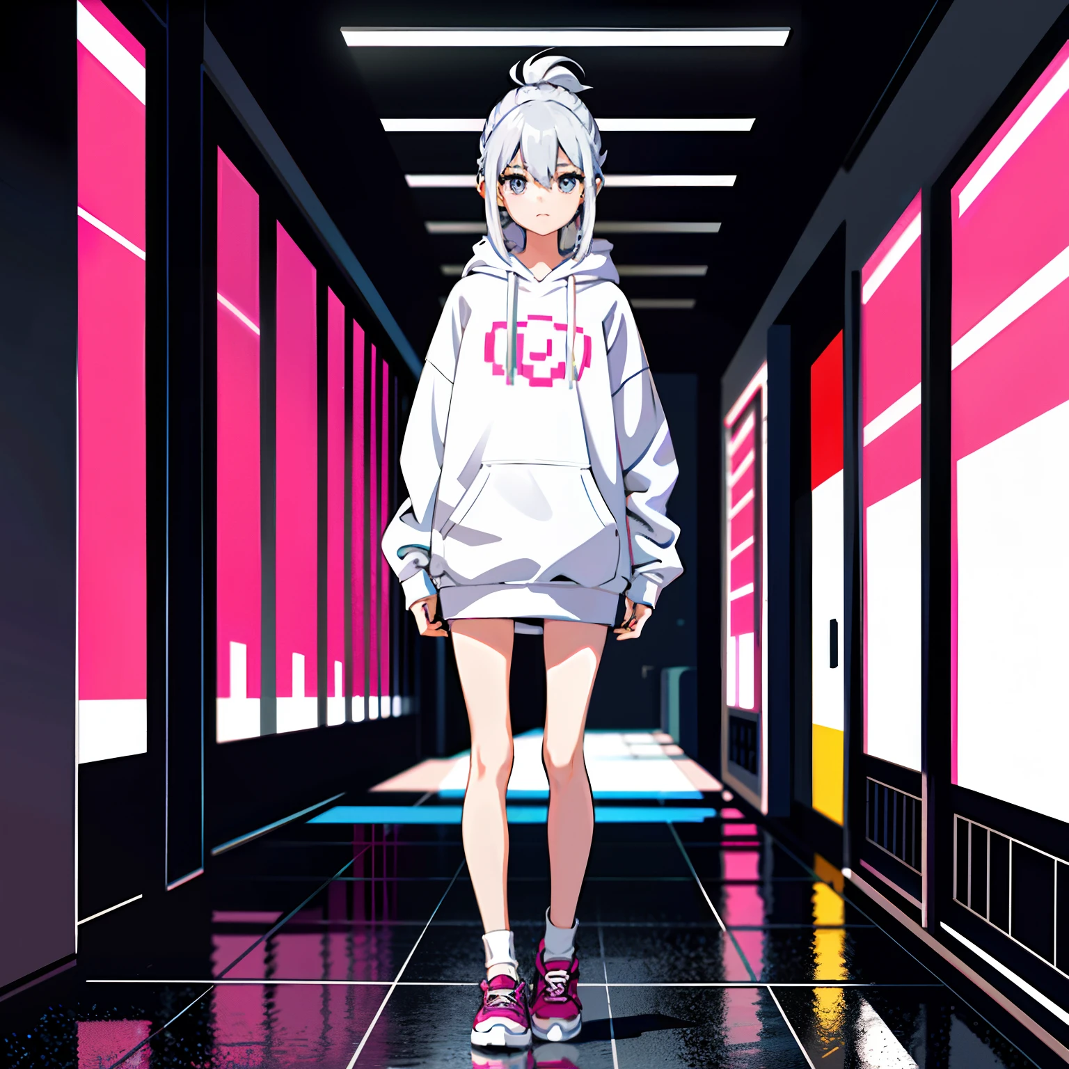 (tmasterpiece,top Quority,best qualtiy),Pix,Pixel art,1girll,full body Esbian,Pink and white sweatshirt,Gray hair。