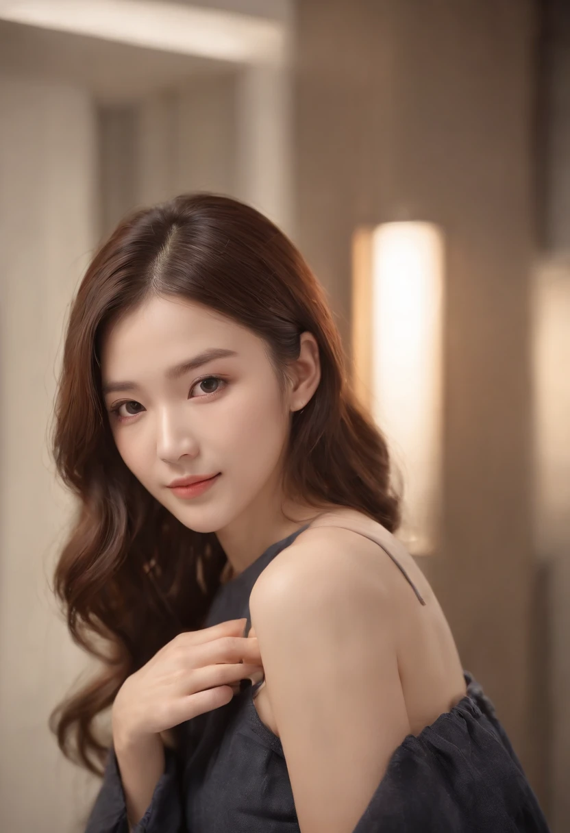 (8K、RAW photography、top-quality、tmasterpiece:1.2)、(hentail realism、Photorealsitic:1.37)、ultra - detailed、超A high resolution、1 rapariga、see the beholder、beautifull detailed face、A smile、shrinks、(Slim waist) :1.3)、short  cut、beautiful detailed skin、Skin texture、Floating hair、Professional lighting、Wait for the platform train、Black-framed square mirror 、full bodyesbian、Brown hair