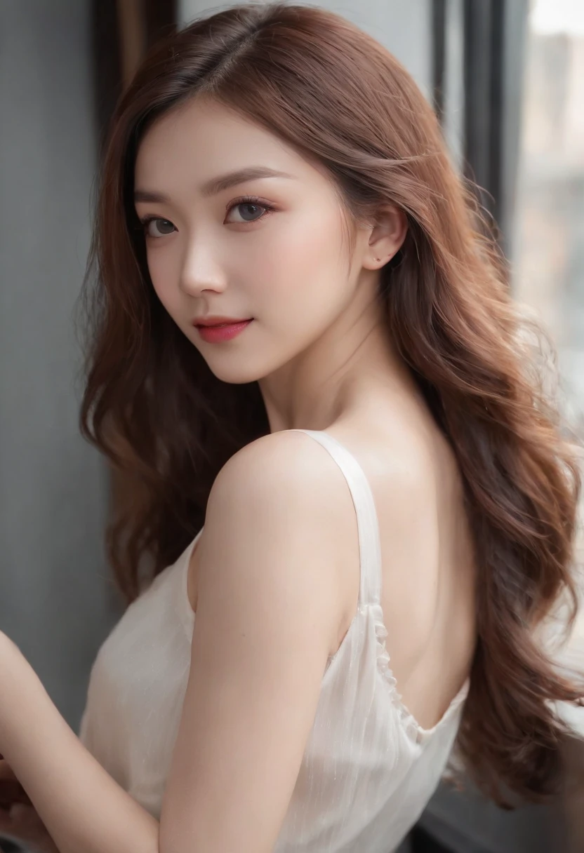 (8K、RAW photography、top-quality、tmasterpiece:1.2)、(hentail realism、Photorealsitic:1.37)、ultra - detailed、超A high resolution、1 rapariga、see the beholder、beautifull detailed face、A smile、shrinks、(Slim waist) :1.3)、short  cut、beautiful detailed skin、Skin texture、Floating hair、Professional lighting、Wait for the platform train、Black-framed square mirror 、full bodyesbian、Brown hair