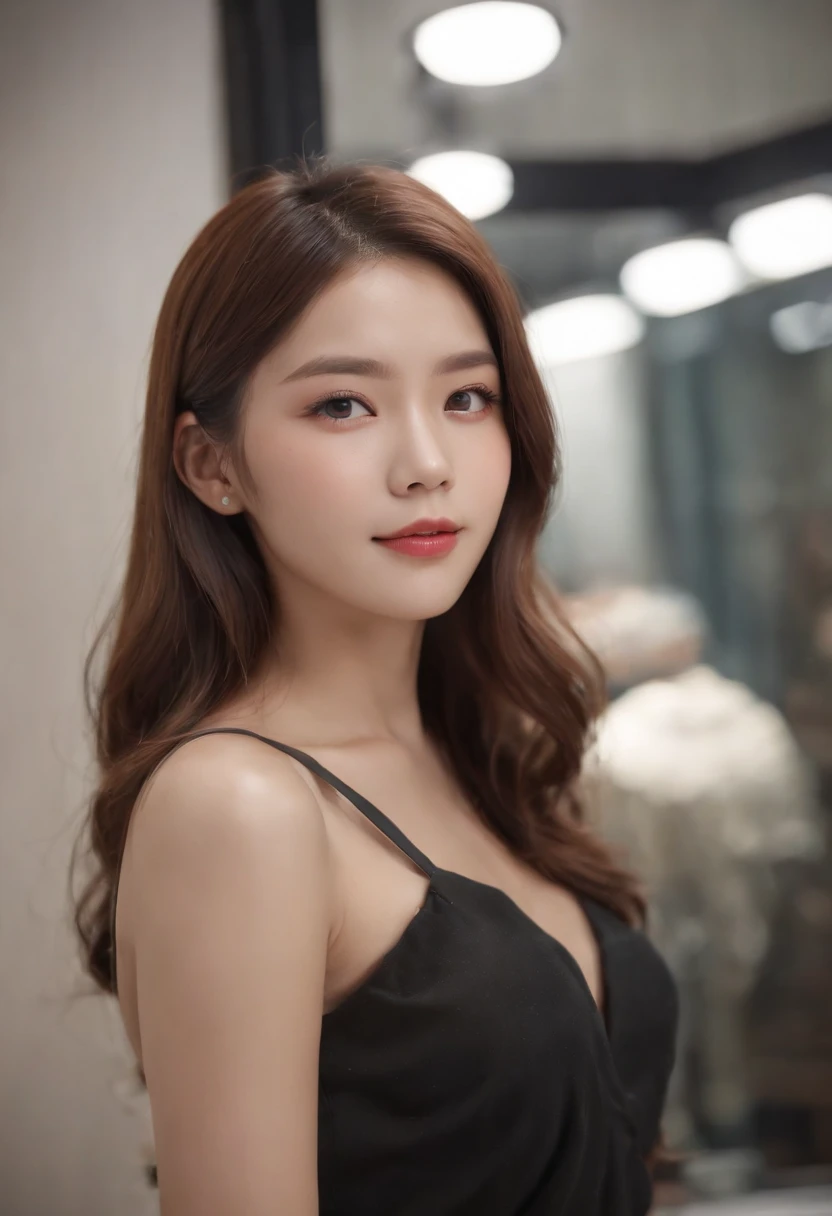 (8K、RAW photography、top-quality、tmasterpiece:1.2)、(hentail realism、Photorealsitic:1.37)、ultra - detailed、超A high resolution、1 rapariga、see the beholder、beautifull detailed face、A smile、shrinks、(Slim waist) :1.3)、short cut、beautiful detailed skin、Skin texture、Floating hair、Professional lighting、Wait for the platform train、Black-framed square mirror 、full bodyesbian、Brown hair