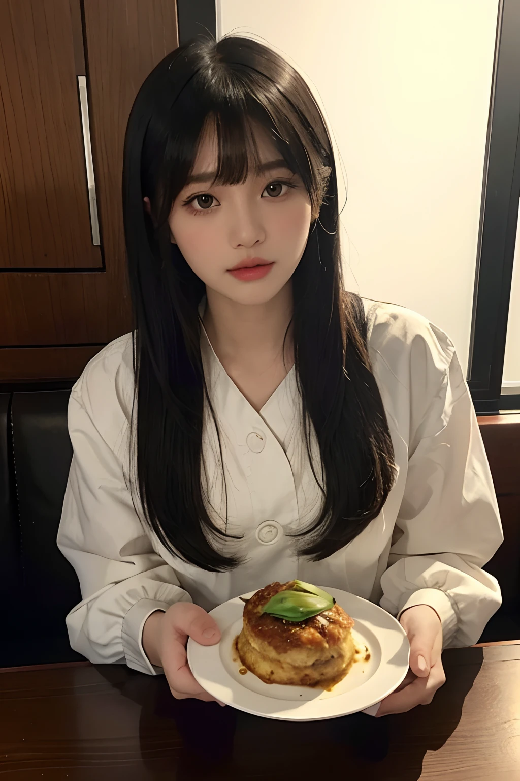 there is a woman sitting at a table with a plate of food, lalisa manobal, with bangs, anime thai girl, dilraba dilmurat, hair whitebangs hair, ruan cute vtuber, she has black hair with bangs, ulzzang, neat hair with bangs, long hair with bangs, dang my linh, with full bangs