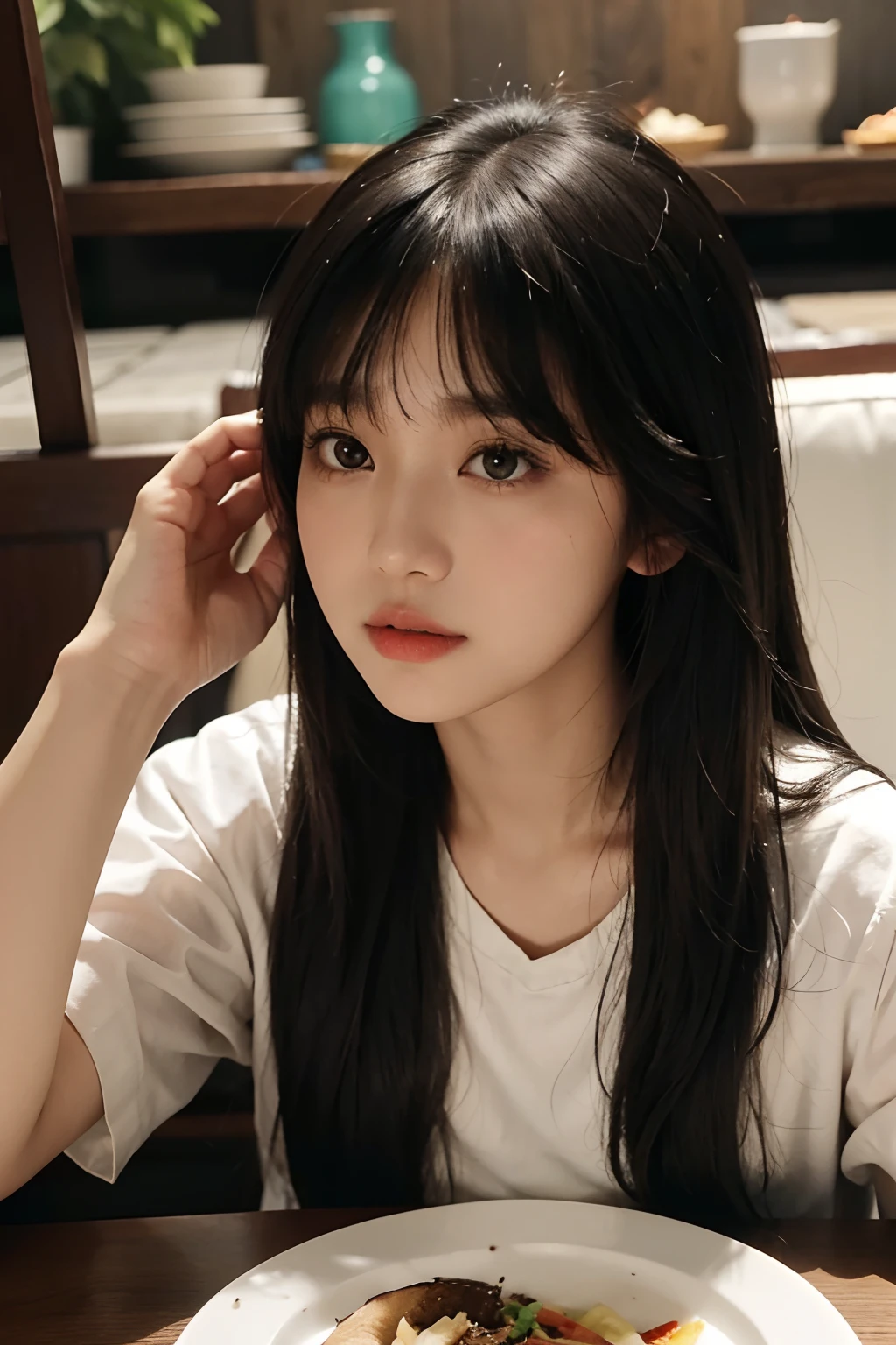 there is a woman sitting at a table with a plate of food, lalisa manobal, with bangs, anime thai girl, dilraba dilmurat, hair whitebangs hair, ruan cute vtuber, she has black hair with bangs, ulzzang, neat hair with bangs, long hair with bangs, dang my linh, with full bangs