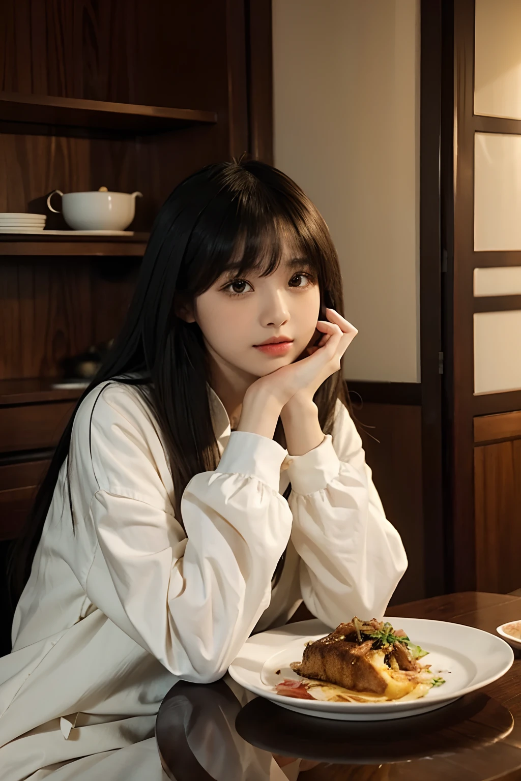 there is a woman sitting at a table with a plate of food, lalisa manobal, with bangs, anime thai girl, dilraba dilmurat, hair whitebangs hair, ruan cute vtuber, she has black hair with bangs, ulzzang, neat hair with bangs, long hair with bangs, dang my linh, with full bangs