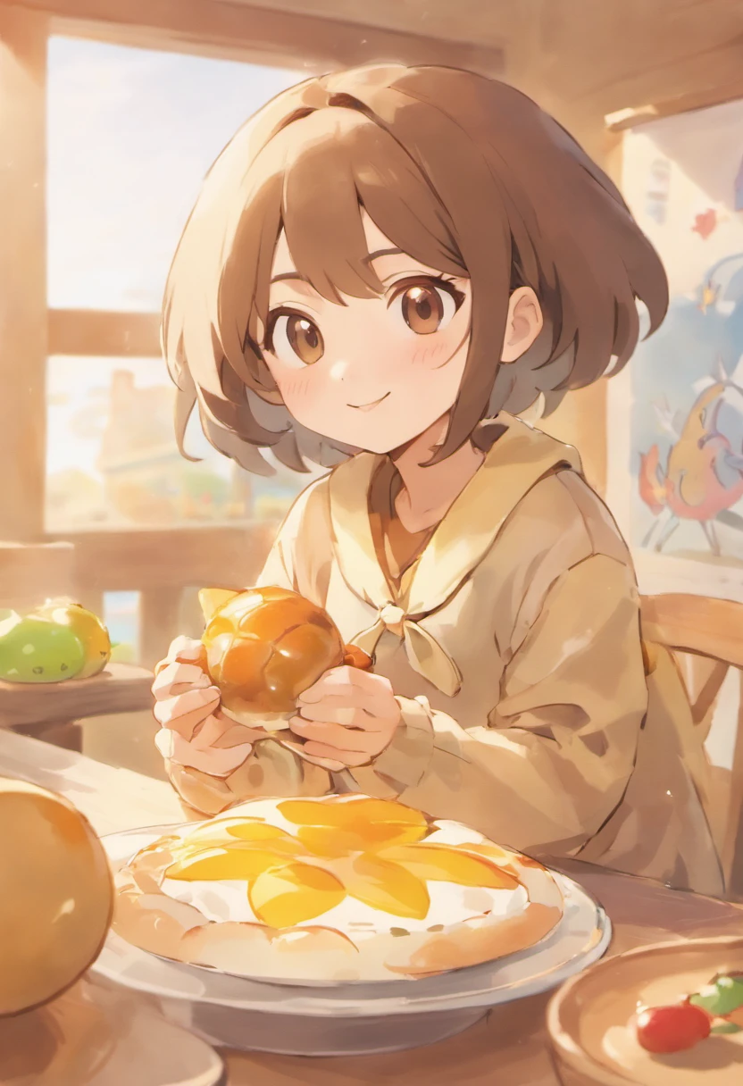 Watercolor texture style,Popmart blind box,claymaterial,Bright background,arte 3D,depth of fields,by Pixar,hyper realisitc,Ray traching,Complicated details,animation lighting,foreshortening, Depth of field, Masterpiece, Best quality, 1girll, Brown hair, Brown eyes, Dappled sunlight, Office,Eating breakfast,happy,thanksgiving,satisfy