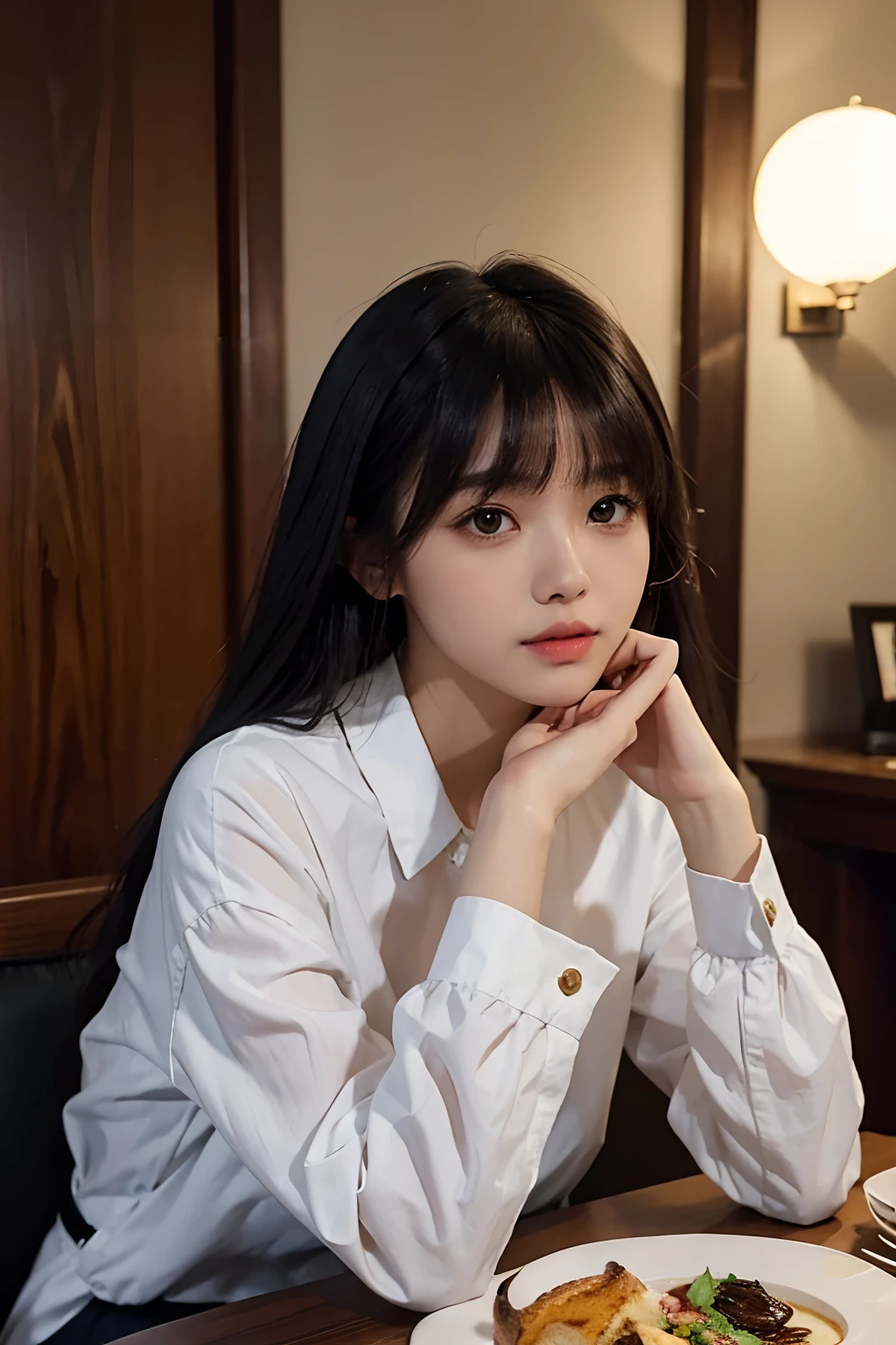 there is a woman sitting at a table with a plate of food, lalisa manobal, with bangs, anime thai girl, dilraba dilmurat, hair whitebangs hair, ruan cute vtuber, she has black hair with bangs, ulzzang, neat hair with bangs, long hair with bangs, dang my linh, with full bangs