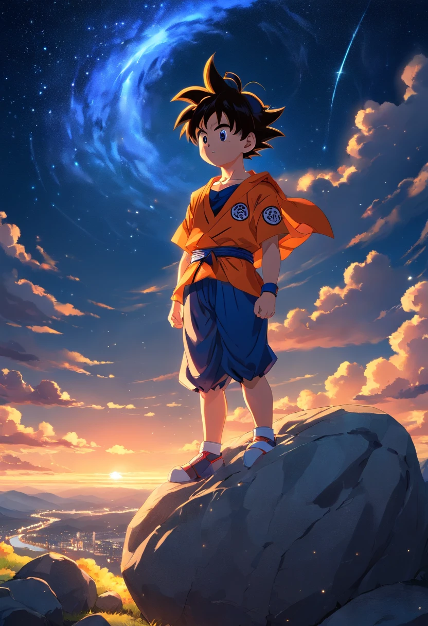 Goku child on top of a large stone, olhando para o horizonte, roupas laranjas, night sky and starry, bright stars in the sky,