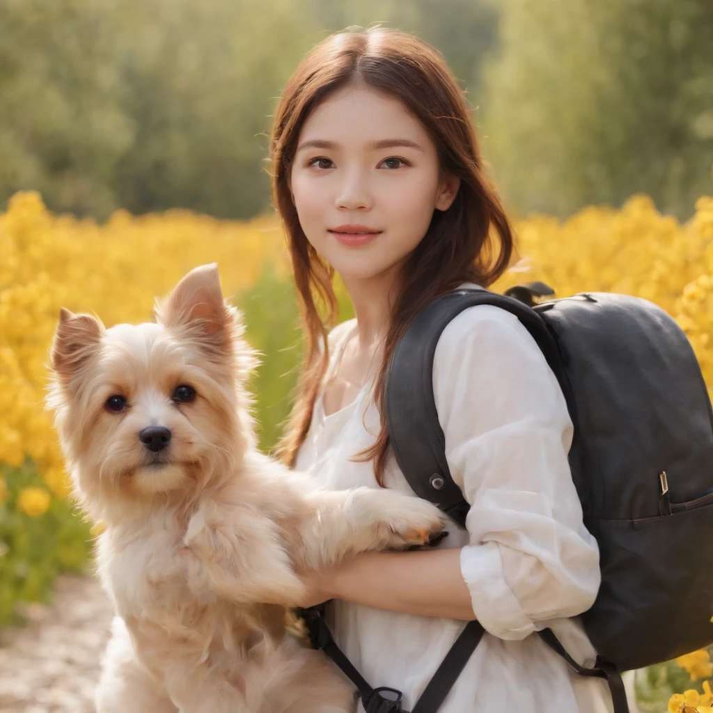 A charming  girl carrying a backpack，With her cute puppy，Enjoy a lovely spring excursion surrounded by beautiful yellow flowers and nature。The illustration is a high-definition illustration in 4K resolution，Visuals with highly detailed facial features and authentic style，（Butterfly dance