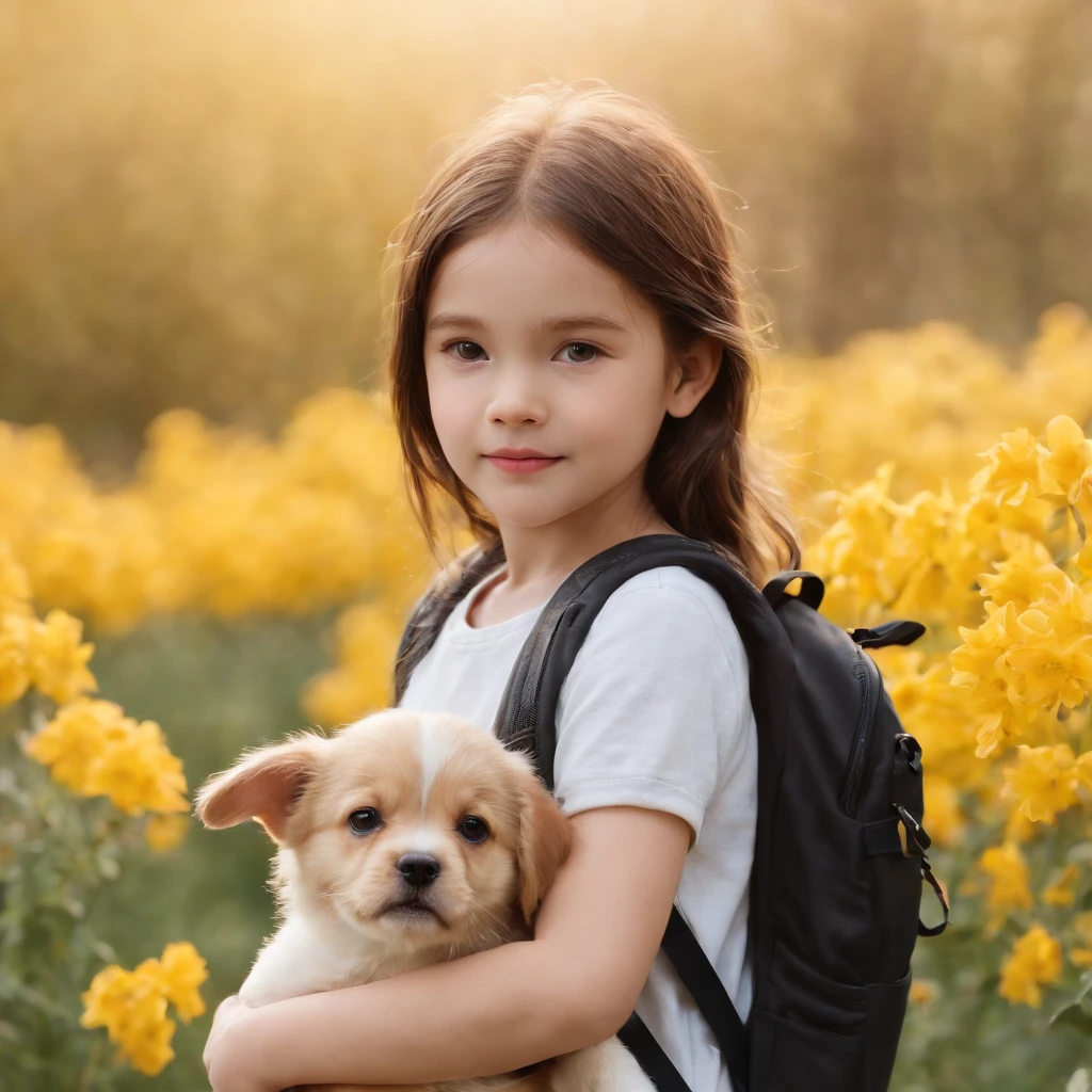 A charming  girl carrying a backpack，With her cute puppy，Enjoy a lovely spring excursion surrounded by beautiful yellow flowers and nature。The illustration is a high-definition illustration in 4K resolution，Visuals with highly detailed facial features and authentic style，（Butterfly dance