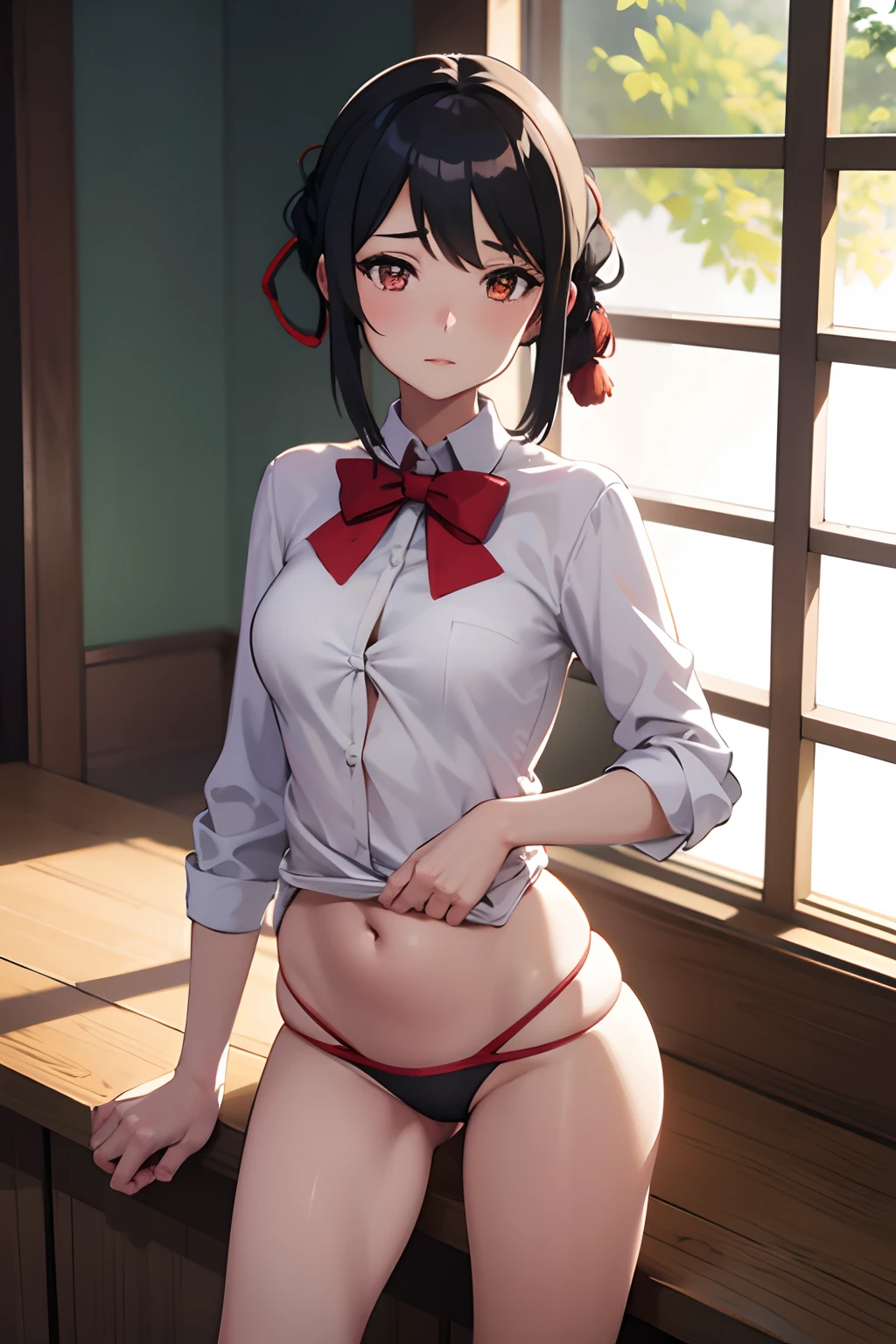 Mitsuha, pezones, piernas gruesas, ((brasier)) sexy, uniforme escolar