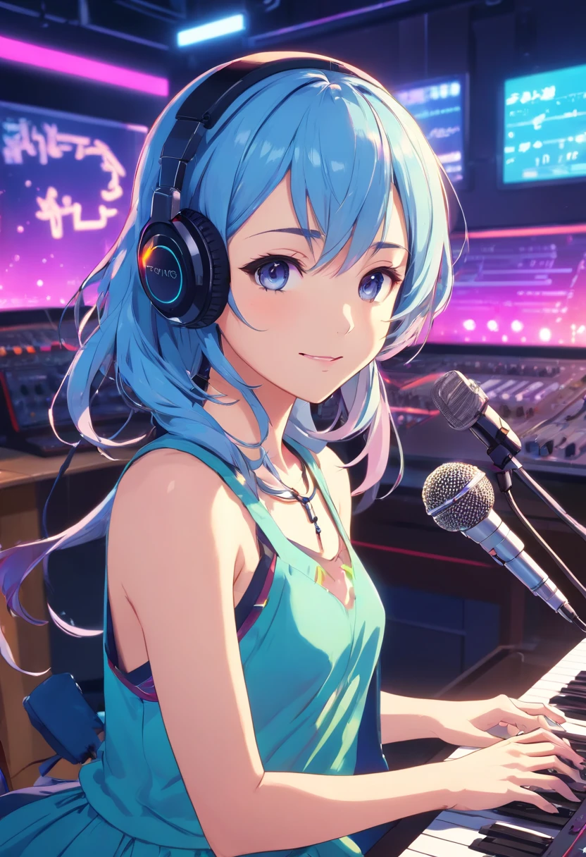 piano. cute girl playing the piano at a bar, neon, holographic dress, masterpiece