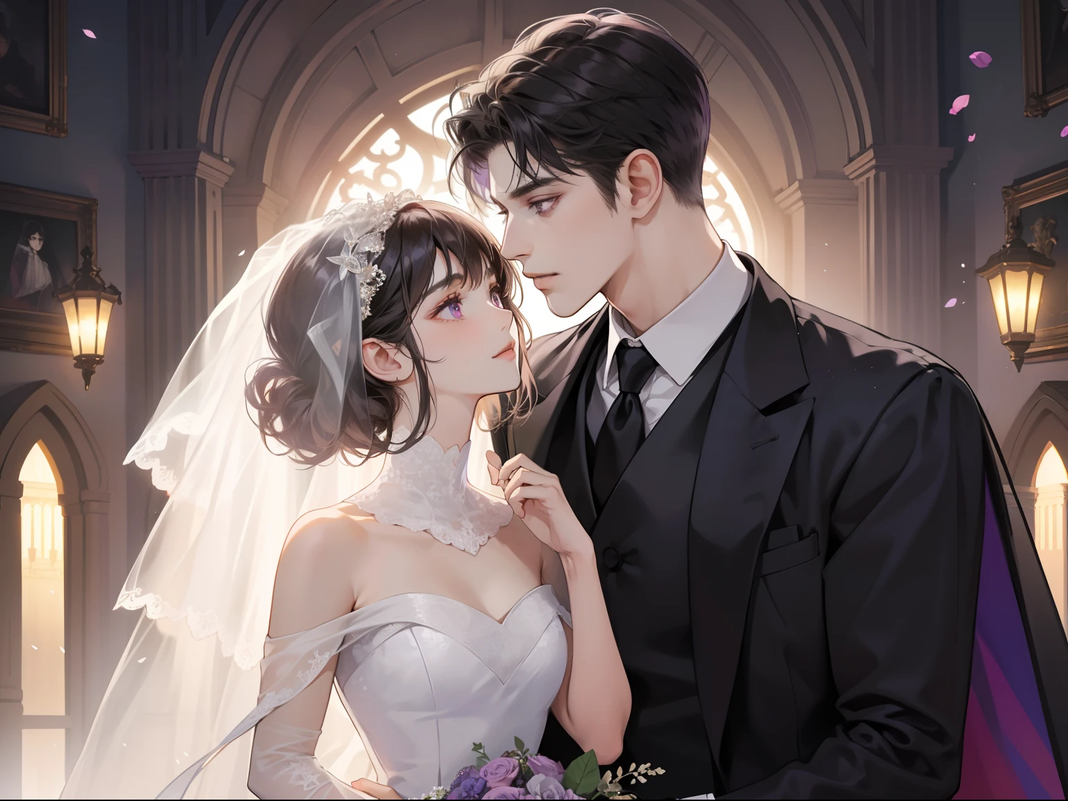 couple, 1 man 1 woman, different hair color, extremely detailed face, ((woman with Long dark black front bang hair with and purple eyes)), man with short dark brown hair and dark grey eyes, face to face, 25 years old, Victorian era, (woman wears a wedding dress and holds a flower), (man wears a suit and a long black cape), dim light, boy is taller, (getting married), (dark purple eyes woman), (dark grey eyes man), in the wedding ceremony