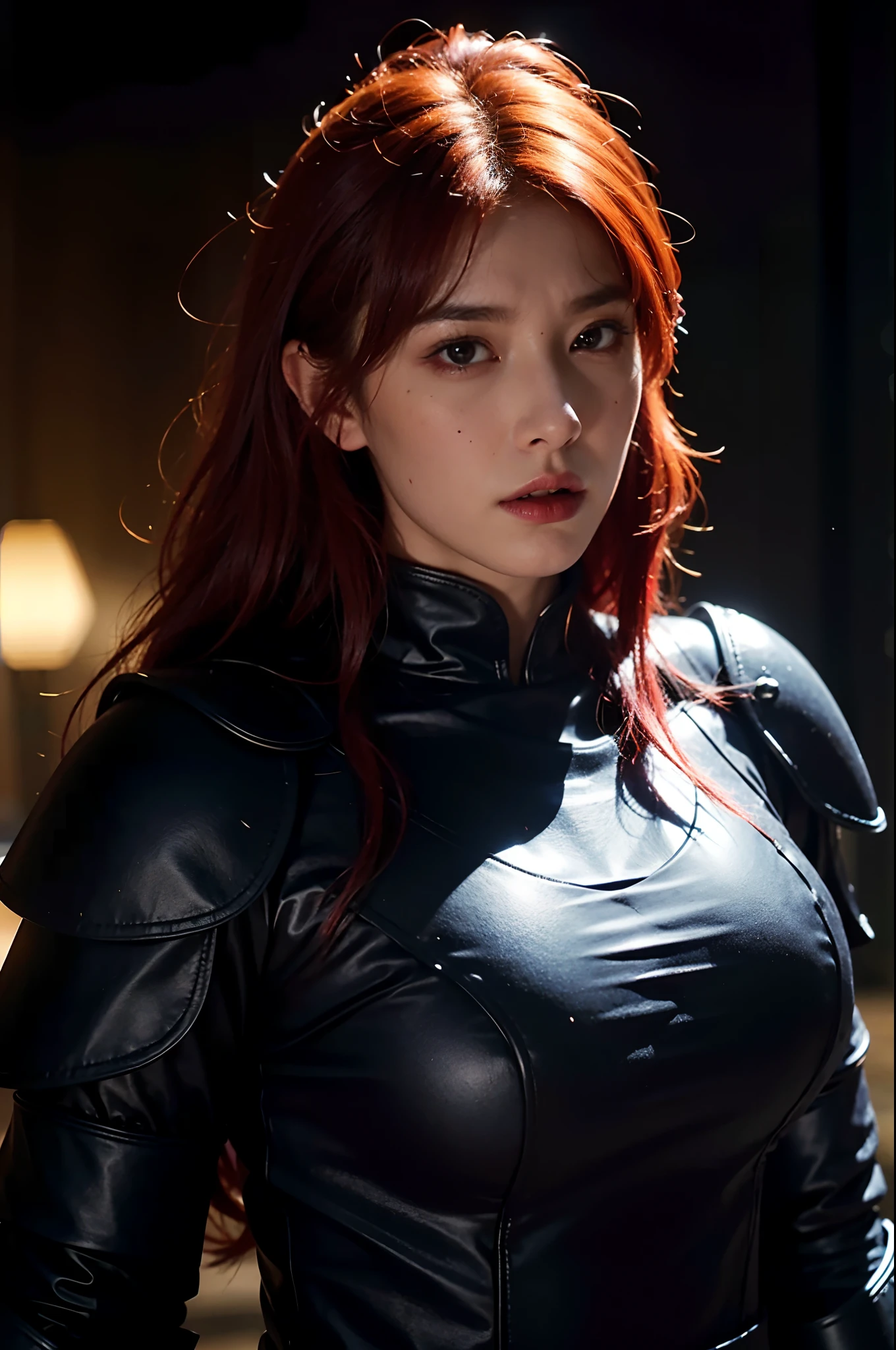 8k, (ultra-detailed,high-res,dark,fantasy:1.2), red hair, purple armor , warrior, medieval city, darkness, epic, beyond reality, Upper body, large boobs, epic, narrative, fierce battle with demons ,darkness , horror, rainfall, armor clanking,