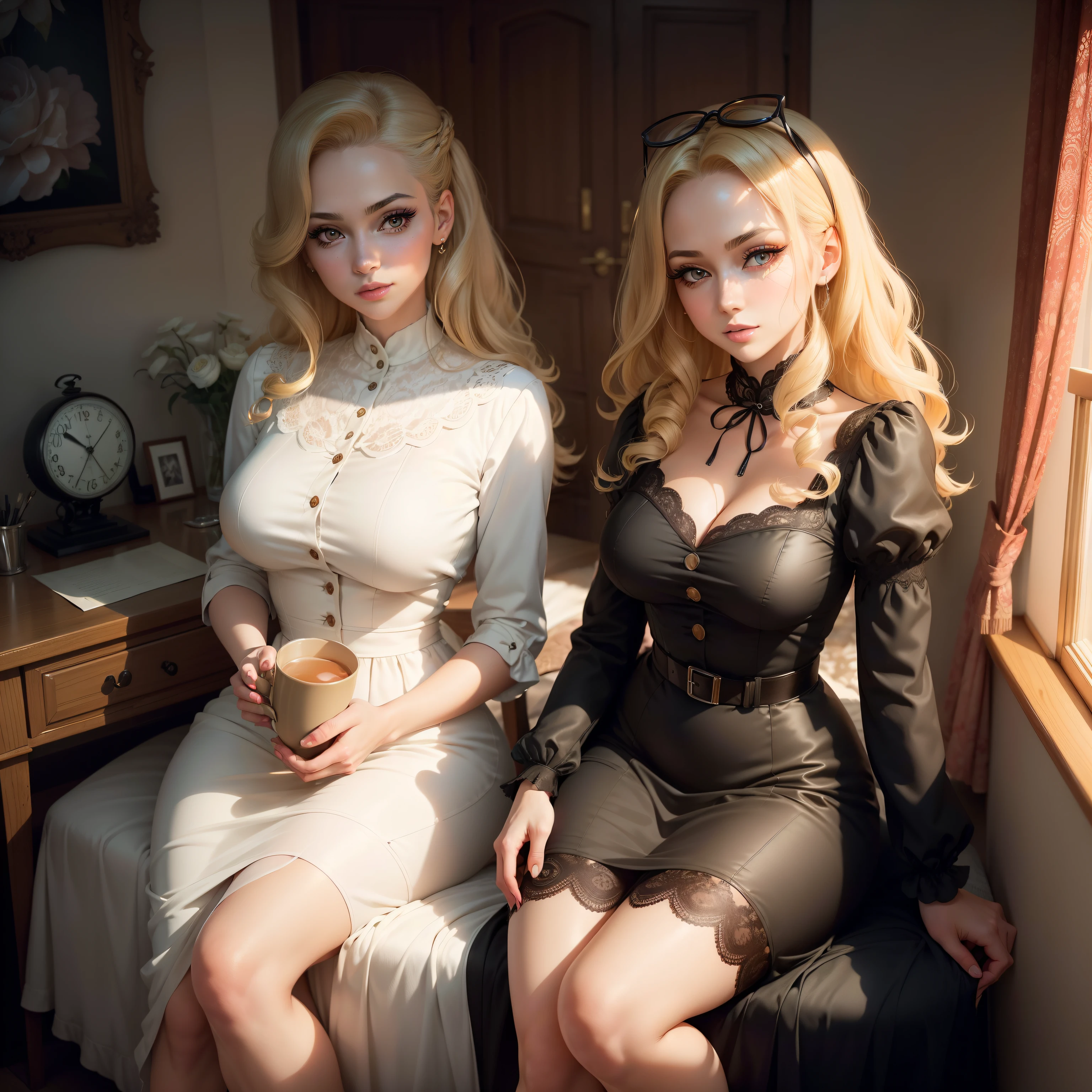 (masutepiece:1.2), (Best Quality:1.2), 2guys,Full body portrait,Perfect eyes, Perfect face, Perfect Lighting, 1girl in, Mature woman in the field, medium blonde hair, Curly hair, detailed clothes, Detailed 1950s room, makeup, eyeshadows, thick eyelashes, Fantasy, Looking at the viewer, spring,Hug and ask for a kiss,,