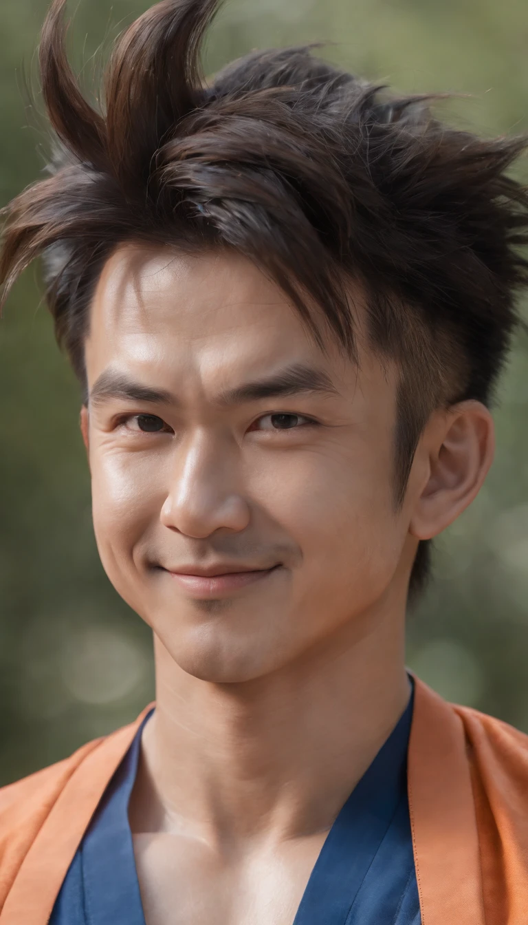 goku,masterpiece, (((realistic, 8k, best quality))),realistic, asian male, smile, gi, orange gi, dark blue short-sleeved undershirt,