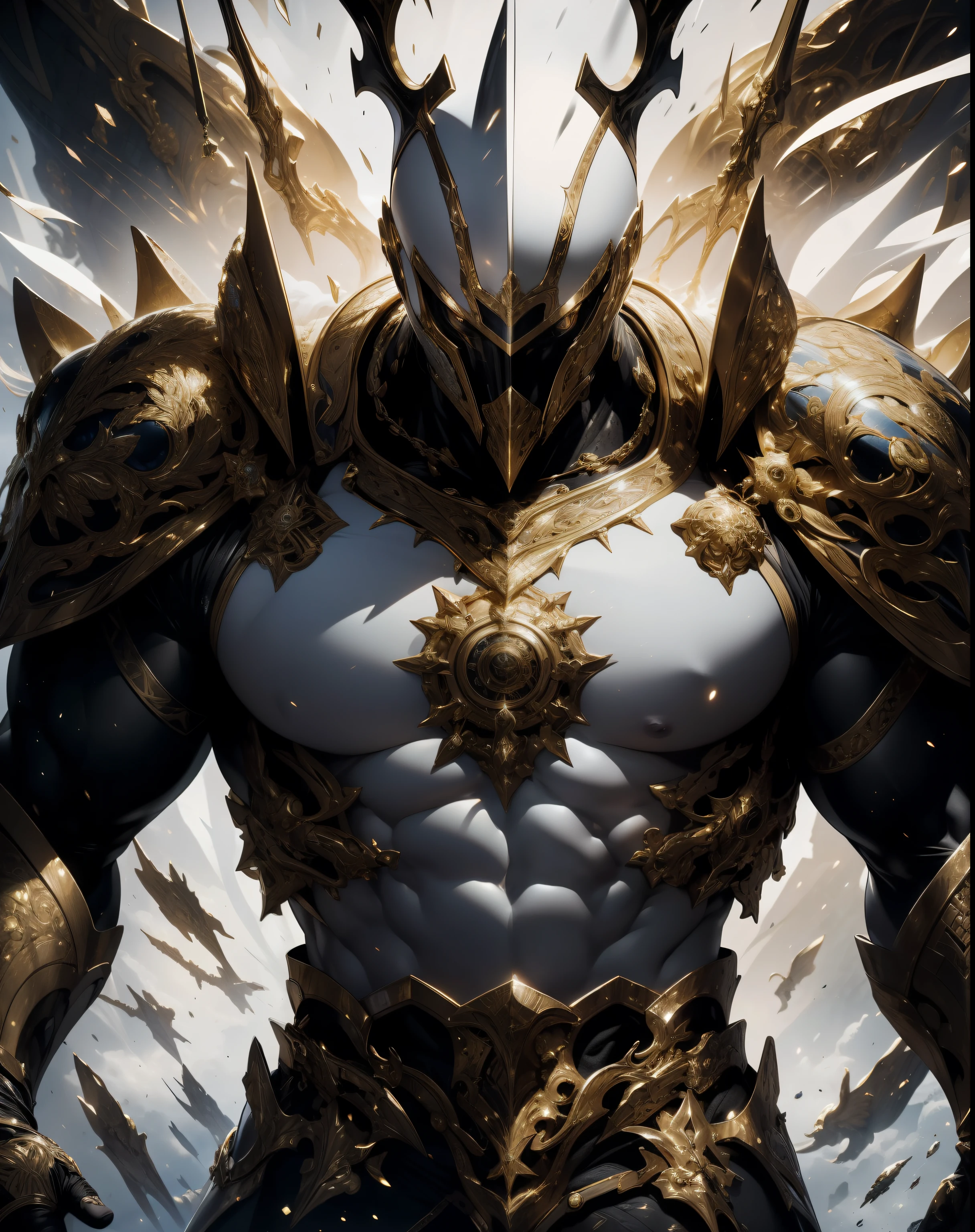 (best quality,ultra-detailed),Imperial Knight,golden plate armor with black and white accents,divine armor,elaborate and detailed filigree metal design,sacred aura,imposing presence,epic battle-ready stance,stunning background of a majestic castle,heroic sword in hand,exquisite craftsmanship and attention to detail,vivid colors to emphasize the regal nature of the knight,strong and confident expression,flawless lighting to highlight every intricate detail,perfectly balanced composition reminiscent of classical art,commanding and awe-inspiring.