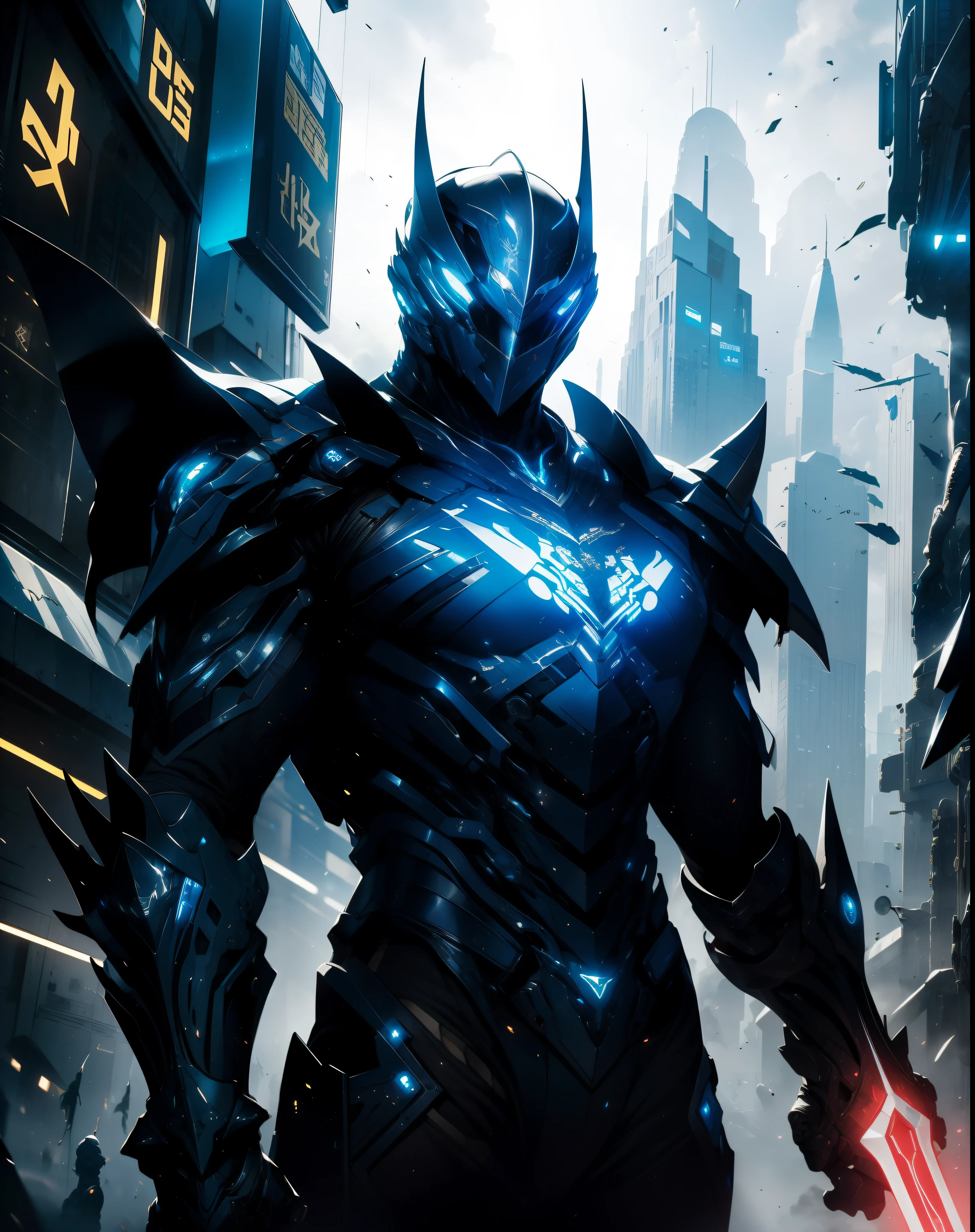 In a dark, futuristic world adorned with a black gold color scheme, a legendary Knight stands tall. Adorned in a magnificent imperial armor crafted from futuristic plate material, this armored warrior exudes power and awe. The armor is sleek, with intricate details sculpted into each segment, giving a sense of futuristic technology and sophistication. The armor plates gleam with a black gold sheen, reflecting silhouettes of the dystopian landscape around them.
The Knight's helmet is a marvel in itself, featuring a visor that emits a subtle blue glow, enhancing the menacing aura. The visor is adorned with intricate designs, blending scifi and imperial aesthetics. It accurately showcases the Knight's piercing eyes beneath, adding a touch of mystery and intensity to their presence.
Looming in a stance exuding authority, the Knight holds a futuristic weapon in their hand. The energy blade emits a pulsating glow, hinting at its formidable power. The weapon's design echoes the intricacies of the armor, showcasing advanced technology and craftsmanship.
The surroundings of the Knight are a juxtaposition of futuristic elements and dystopian decay. Tall skyscrapers rise in the background, their sharp edges reaching towards the darkened sky. Neon lights bathe the streets below, casting an eerie glow that creates a cyberpunk ambiance.
The colors in the scene are predominantly black and gold, with hints of electric blue accents. These colors create a sense of mystery, sophistication, and a dash of futuristic aesthetics. The lighting in the scene is dramatic, with carefully placed spotlights casting shadows that add depth and intensity.
This prompt emphasizes the best quality, ensuring a high-resolution depiction of the Knight. The details are ultra-detailed and realistic, capturing every intricate aspect of the armor, weapon, and surroundings. The artwork is poised to be a masterpiece, blending scifi and imperial elements seamlessly. The overall effect is a visually captiva