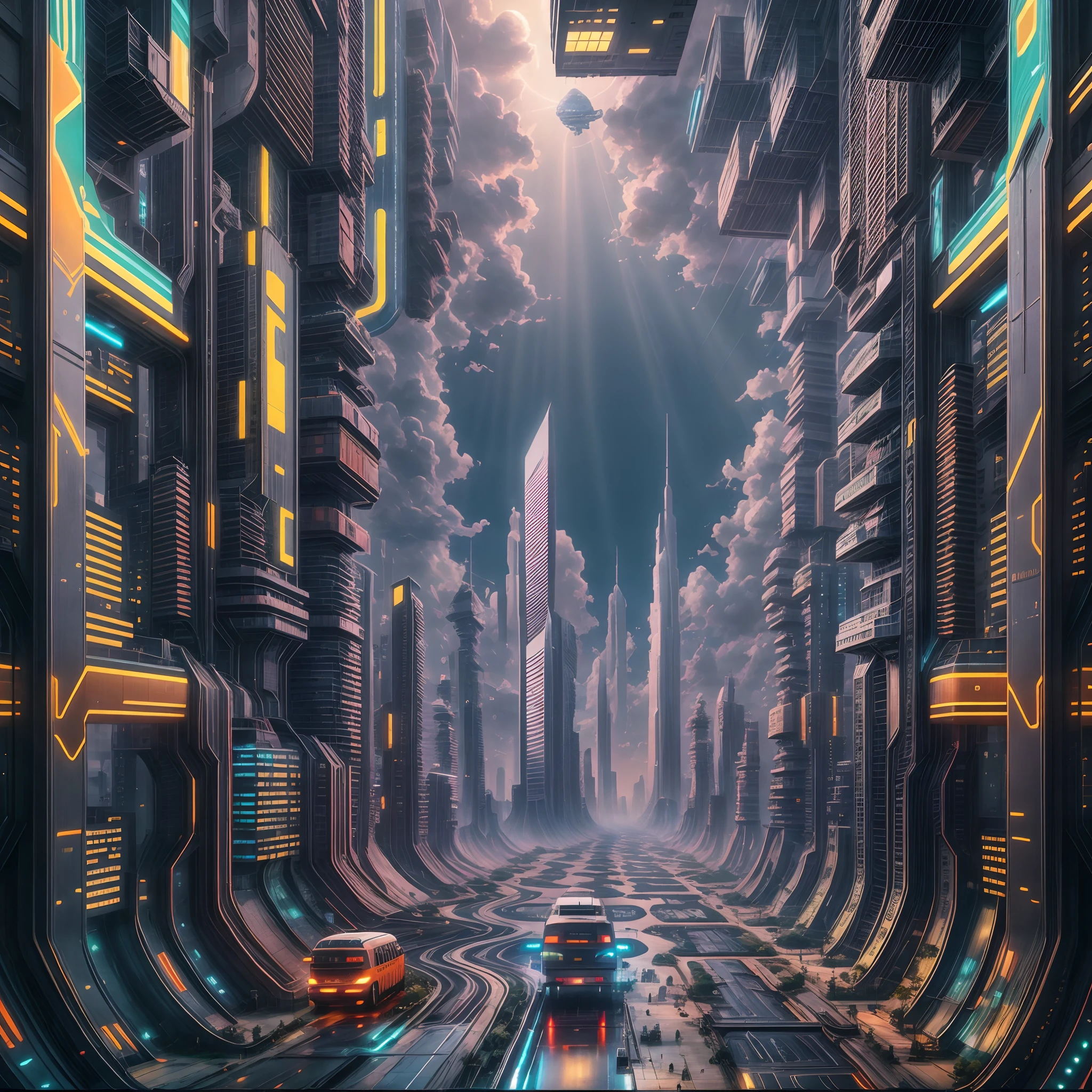 infinite mirror glitch by Larry Carlson in Glitch-art style,(best qualtiy,4K,8K,A high resolution,tmasterpiece:1.2),ultra - detailed,(realisticlying,realisticlying,photo-realistic:1.37),Cidade futuristica,Ultra-modern building,Alien buildings,vivd colour,Impressive skyline,advanced technique,Suspended vehicles,Futuristic lighting,science fiction elements,Unusual shape,Dystopian atmosphere,High-tech cityscape,