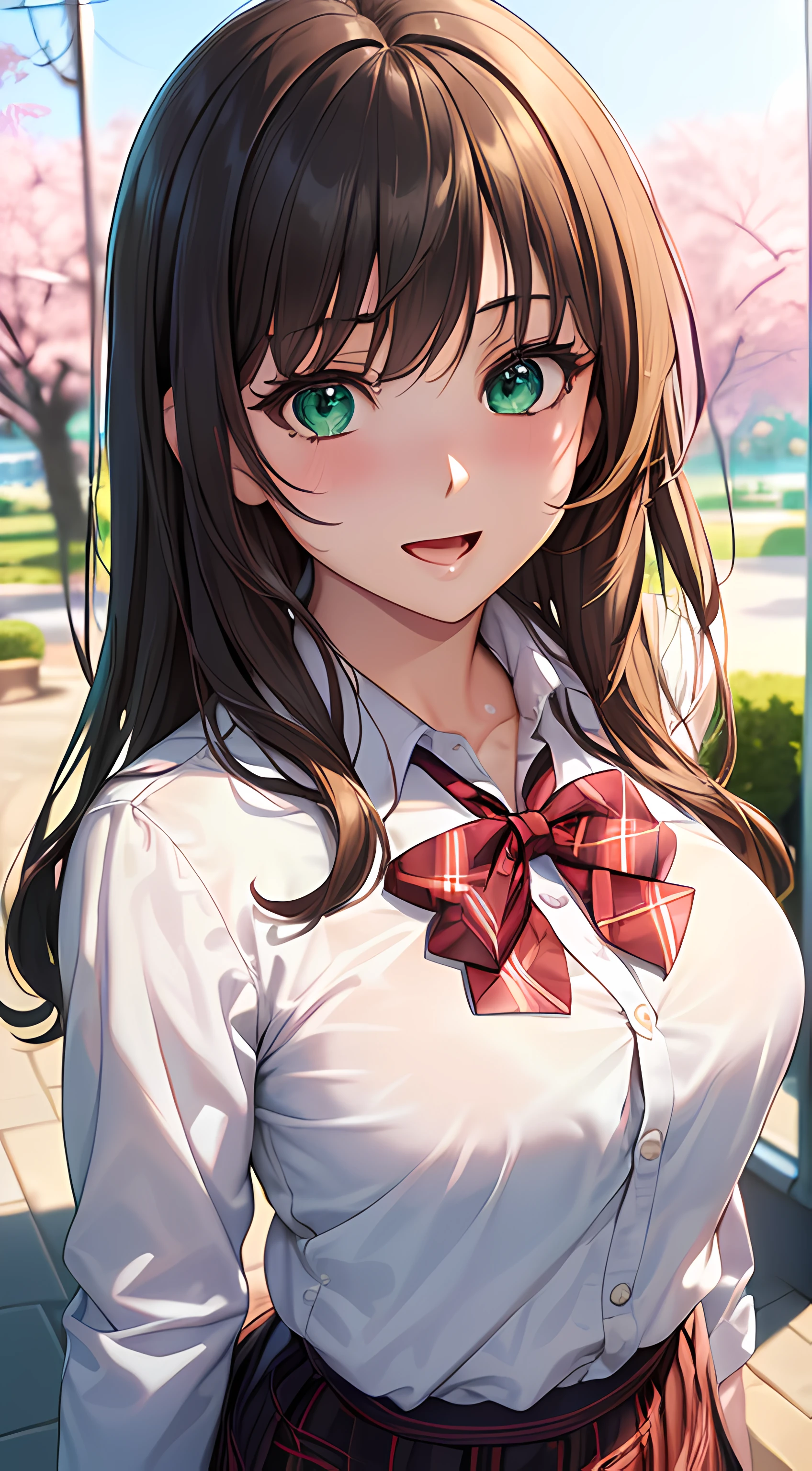 ((masterpiece, best quality, highres, UHD, perfect pixel, depth of field, 4k, RTX, HDR))), 1girl, single, solo, beautiful anime girl, beautiful artstyle, anime character, ((long hair, bangs, brown hair, curly hair:0.8)), ((green eyes:1.4, rounded eyes, beautiful eyelashes, realistic eyes)), ((detailed face, blushing:1.2)), ((smooth texture:0.75, realistic texture:0.65, photorealistic:1.1, anime CG style)), medium breasts, dynamic angle, perfect body, ((POV, close up)), ((red bowtie, school uniform, white shirt, long sleeve, black skirt, plaid skirt)), smile, open mouth, amusement park, cherry blossom