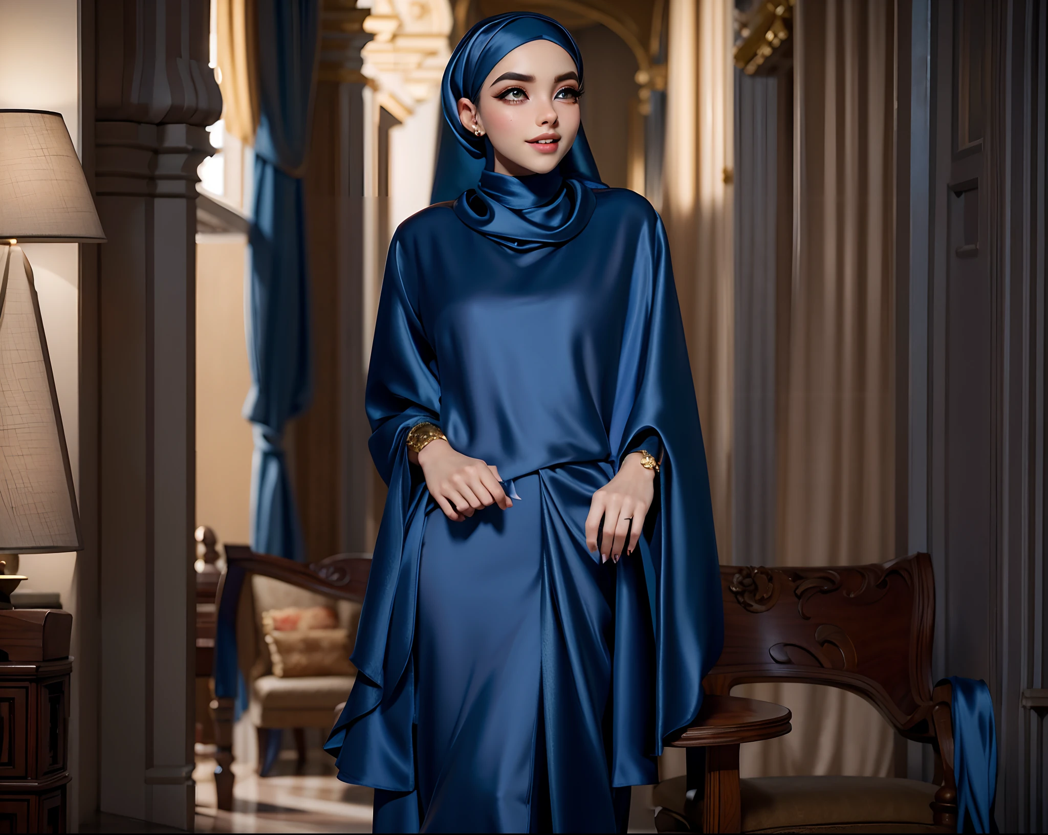 3dmm style, Masterpiece, best quality, photography, detailed skin, realistic, photo-realistic, 3D Character Design, pixar, real cartoon, 8k, highly detailed, full length frame, High detail RAW color art, diffused soft lighting, shallow depth of field, sharp focus, hyperrealism, cinematic lighting, ((close up)) hijab, a woman, beautifully makeup, brown beautiful big eyes, long eye lashes, wearing (Dark blue satin hijab), loosely tide hijab style, ((gray satin kaftan dress))