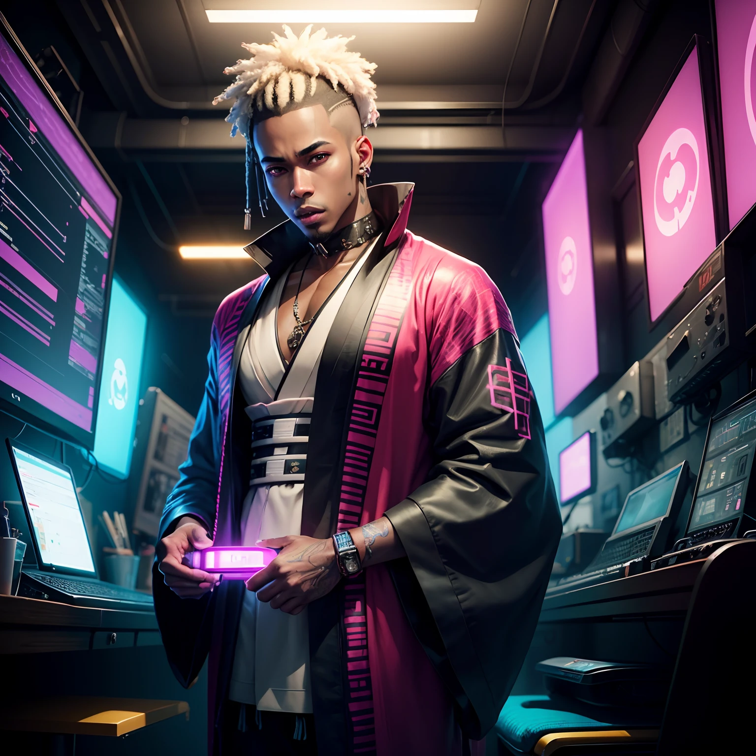 Black Man, light skin, Sing trap in Studio , kimono, cyberpunk fotos 4k