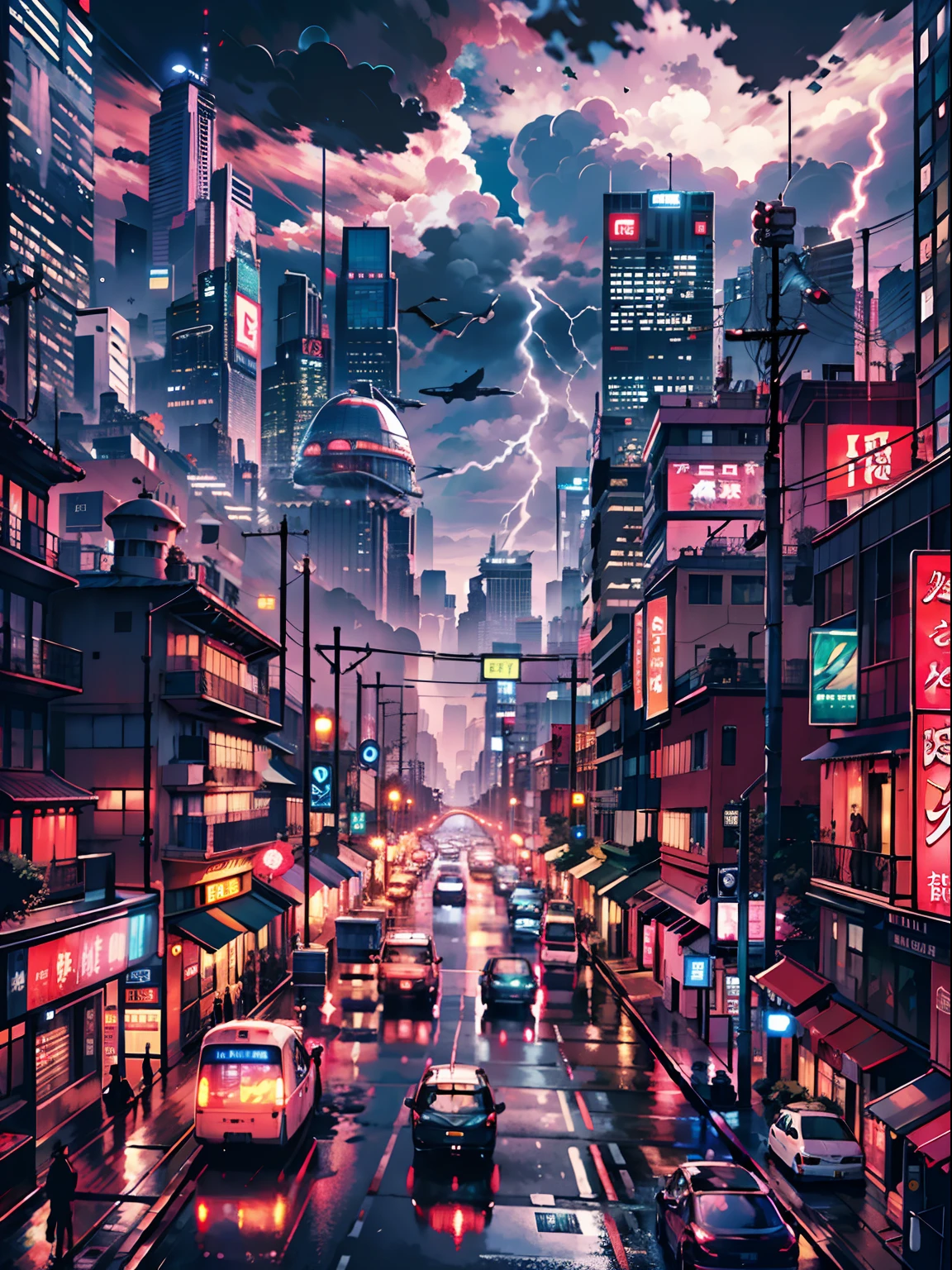 Lots of clouds,heavy fog、(Lightning:1.5)、Chaotic city of the future、Movie dystopia、(Giant airship:1.5)、A group of very tall skyscrapers stands in the center、Very complex cityscape,Crowded Chinese skyscrapers、street signs、streetlights、taxis、buses、Train、Vibrant lighting,Dark road、puddles、Chaotic、Beautiful and fantastic scenery、Cinematic scenery、hightquality、masutepiece,in 8K、hight resolution、