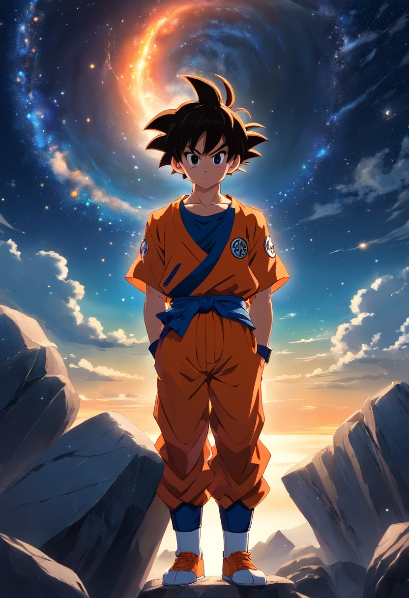 Goku's on top of a large stone, Olhando para o horizonte, orange shirt and pants, night and starry sky, bright stars in the sky, back vision